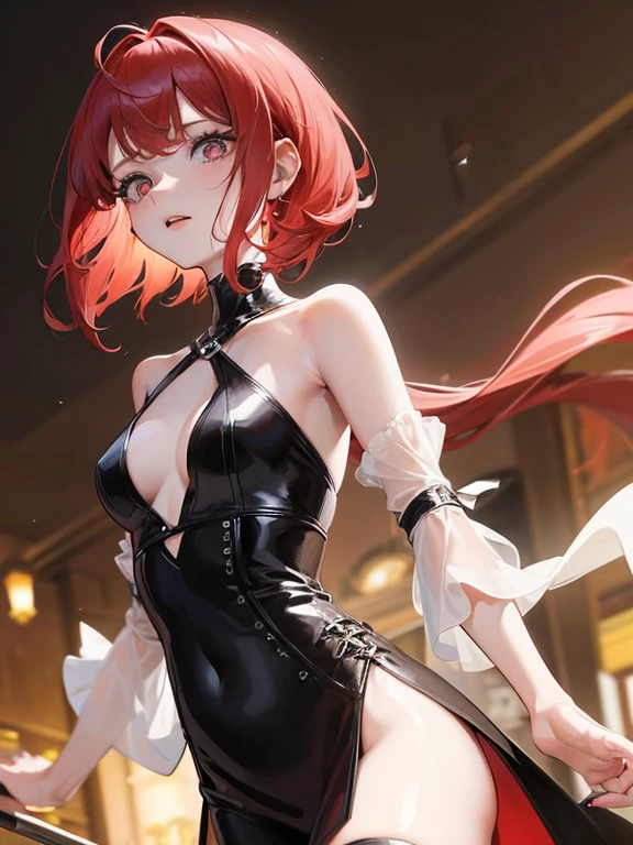 10 year old girl with long red hair, heterochromatic eyes, pale skin, flat chest, Wearing a black dress and a crisp pink blouse, With a more elegant and sophisticated touch, Match her mysterious and intense personality. Overall, Her appearance is impressive, Attract curious and intriguing looks, flat-chest, Cinematic lighting, chromatic abberation, Backlighting, masutepiece, high details, High quality, 4K.、You can see her bare skin with her clothes disheveled.、Random Poses、ultra-quality、An ultra-high picture quality、masutepiece、Attention to detail