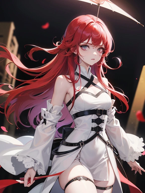 18 year old girl with long red hair, heterochromatic eyes, pale skin, small tits, Wearing a black coat and a refreshing pink blouse, With a more elegant and sophisticated touch, Match her mysterious and intense personality. Overall, Her appearance is impressive, Attract curious and intriguing looks, flat-chest, Cinematic lighting, chromatic abberation, Backlighting, masutepiece, high details, High quality, 32K、Bare skin visible through torn clothes、Pose Seductive