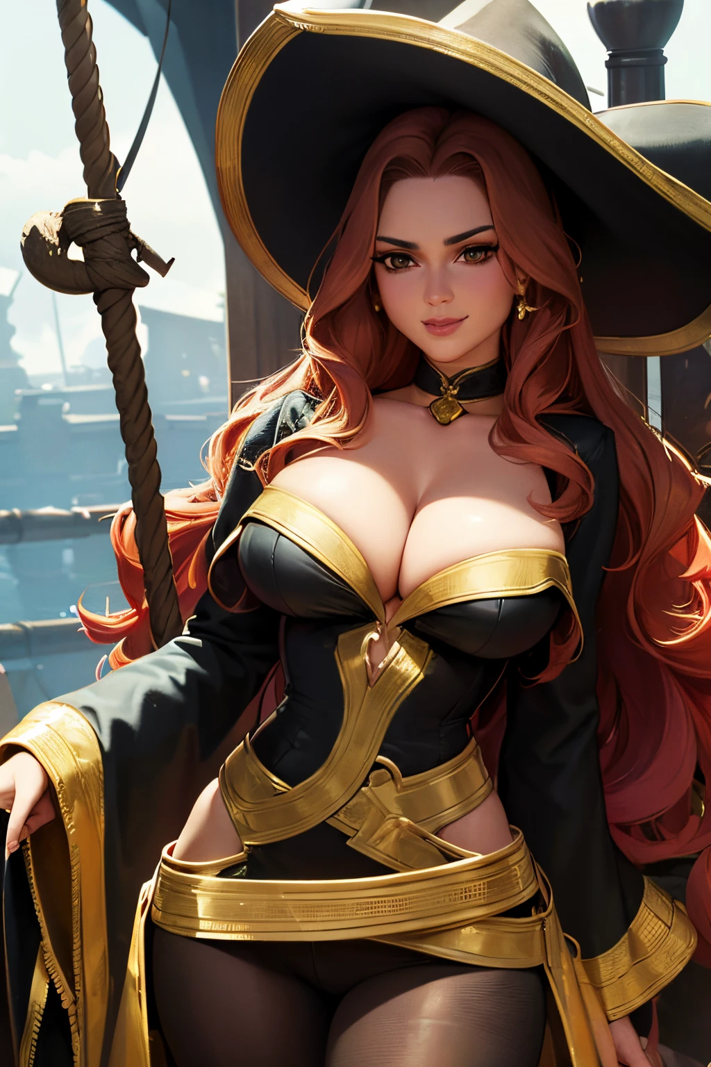 long hair, choker. busty (((DD-size breasts))), wide hips. lythe figure, curvy, voluptuous figure, sexy pirate, Puff Sleeve Chemise Top with plunging neckline, tight pirate pants, posing on a pirate ship, mischievous smile, trending on Artstation, digital art, 20-year-old ( face a combination of Ana de Armas and Salma Hayek), seductive, devious smile, arched eyebrows, gorgeous goddess, anime style, HD, UHD, wavy hair, golden nose ring, gazing lovingly at the viewer,