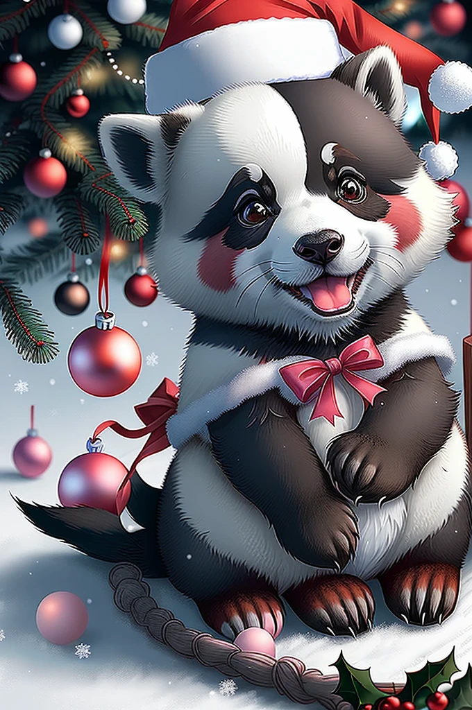 Please help design a Christmas panda，chubbiness、Lazy and cute look。She has two good friends，A lilac Shiba Inu、A pale pink bunny。Hope to generate a series of 7-9 dynamic expression packs
