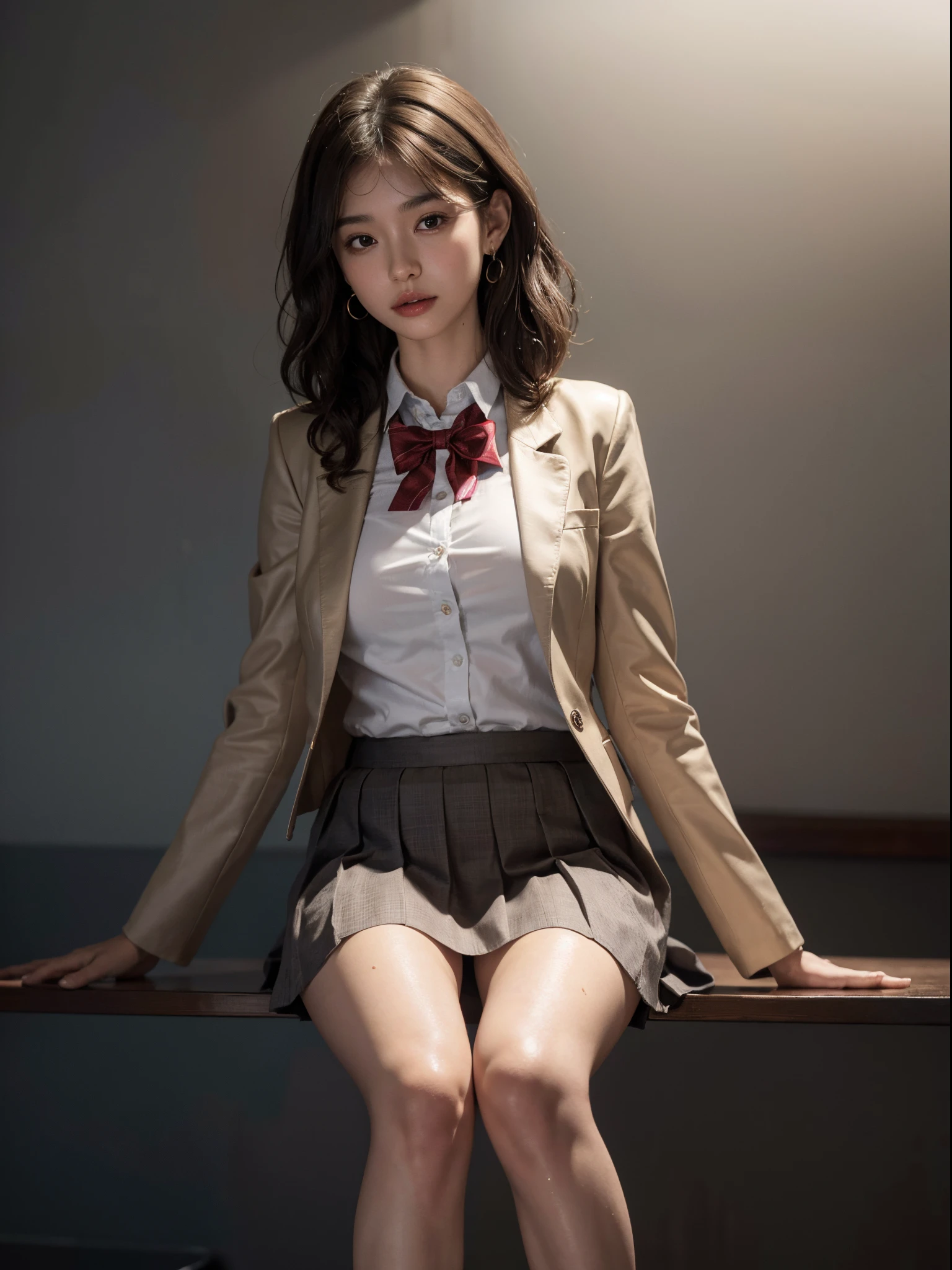 absurdres, RAW photo, extremely delicate and beautiful, masterpiece, Best Quality, ultra high resolution, 16k, hyperrealistic, ultra-detailed, perfect anatomy, super Detailed skin, perfect figure, Very detailed CG 8k wallpaper, in her 20s, very Slim body, narrow waist, very small head, very small face, delicate facial features, tearful mole, earring, thin legs, (very huge round breasts), full body shot, short hair, (wavy hair), (light brown hair), (wet clothes), ((school uniform)), (blazer),