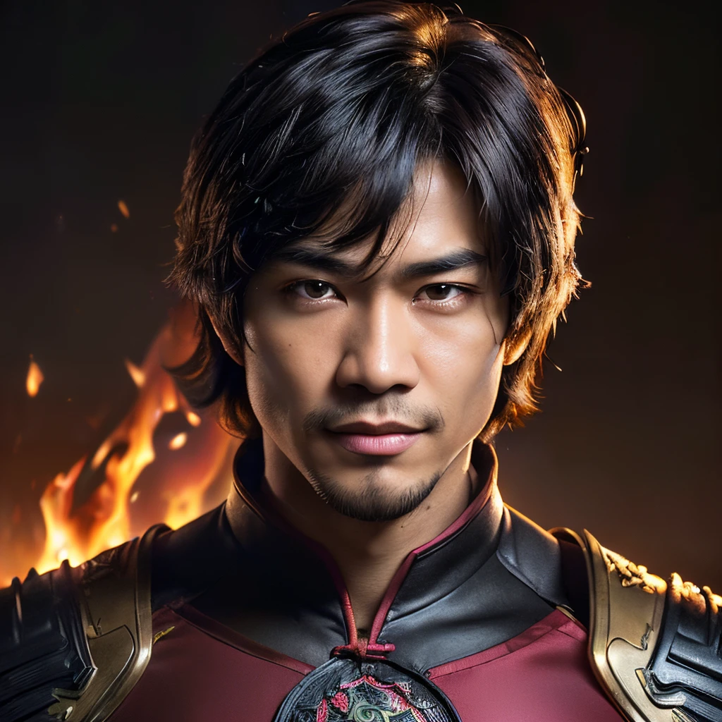 ((masterpiece)), 8k cg, best quality, intricate details, chromatic aberration, close up, ((bust shot)), ((looking at the viewer)), realism, 1man, (((background(((dark background)), fire, fog)),Chinese, young face, skinny face, wide jaw, square face, pretty face, chiseled face, smile, closed mouth, (pretty boy, soft face), (((brown eyes))), shaggy hair((black hair color)), (Shang chi suit, chinese armor, body suit), shang chi, Simu Liu, muscular body