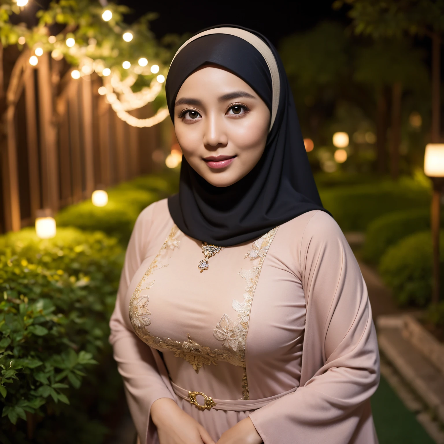 34 Years old, Indonesian MILF, wearing Wide Hijab, perfect curvy body, natural Huge breast : 42.9, gorgeous eyes, Soft smile, wear Gamis, necklace, hairband, Nightime walk, City garden, Excellent lighting, Dark colors, Clean lines