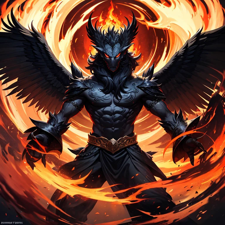 (melhor qualidade,16k,32K,alta resolução,obra de arte:1.2),ultra-detalhado,(realista,photorealista,photo-realista:1.37),(O derradeiro Orochi lord wolf) glowing red eyes realista fire background of totally destroyed Ship alone looking at the camera serious expression brave and confident wearing a red hood cape Open golden angel wings.