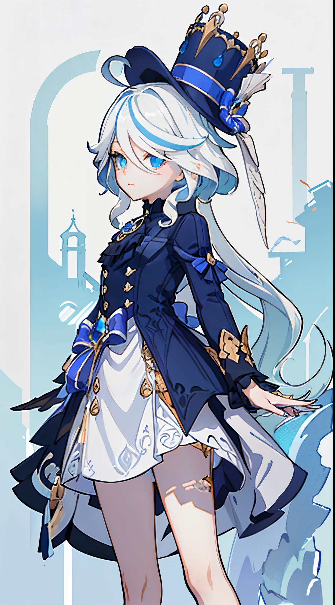 A girl in anime has white hair, two light and dark blue eyes, and wears a tall hat. She is a character in anime art style called "loli" and is drawn in detail. Additionally, she appears in fanart and in the game Genshin Impact. Her art style is very formal and high-quality.