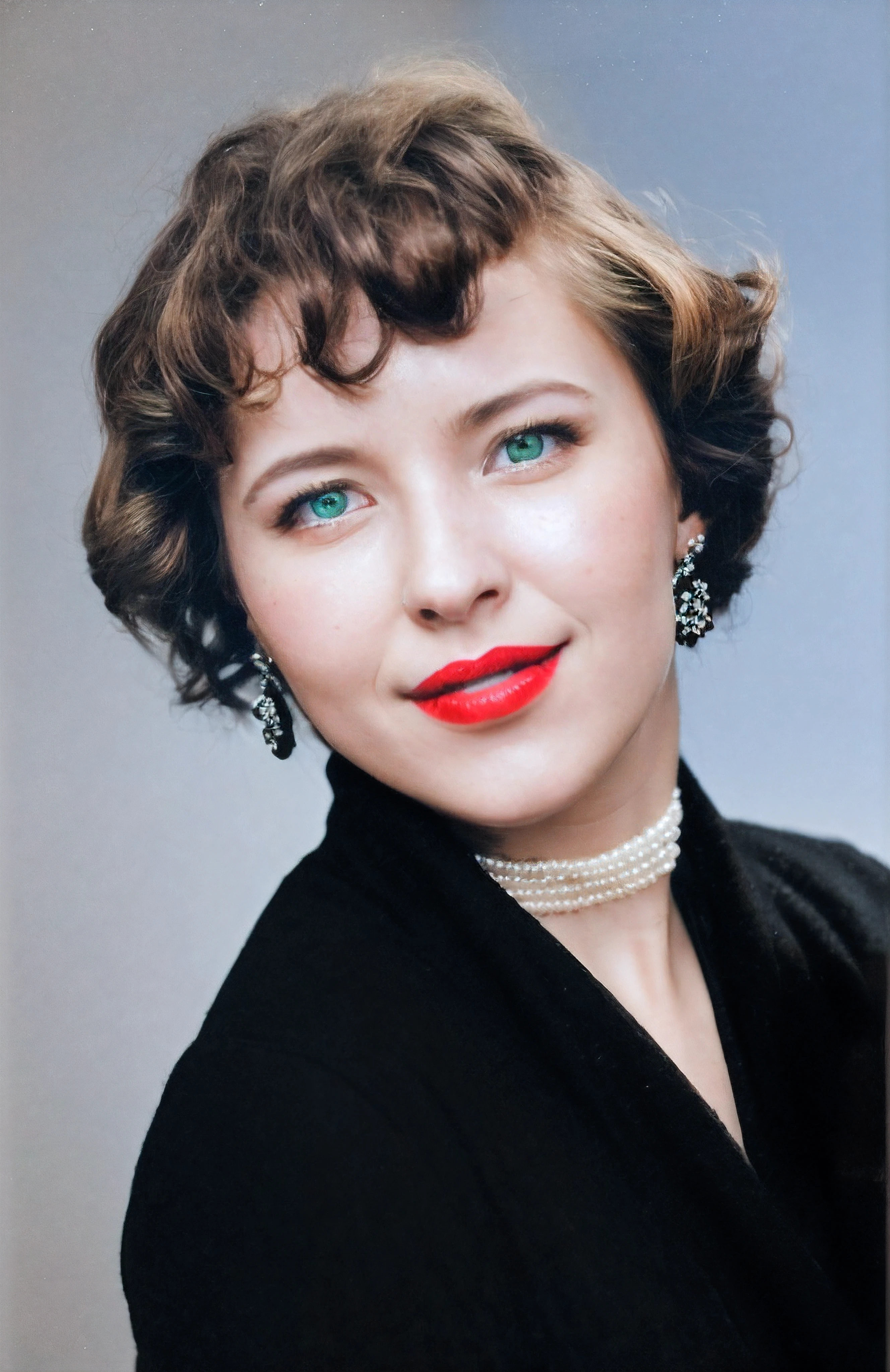 Mulher de 26 anos, cabelos castanhos e loiros, olhos verdes, red lips, brincos pretos e pedras prateadas, white pearl necklace, black cardigan, best quality, 8k, alta qualidade, ultra detalhado, (best quality), (pele altamente detalhada, Afiado completo:1.2), 8k UHD, DSLR, Rosto detalhado ,