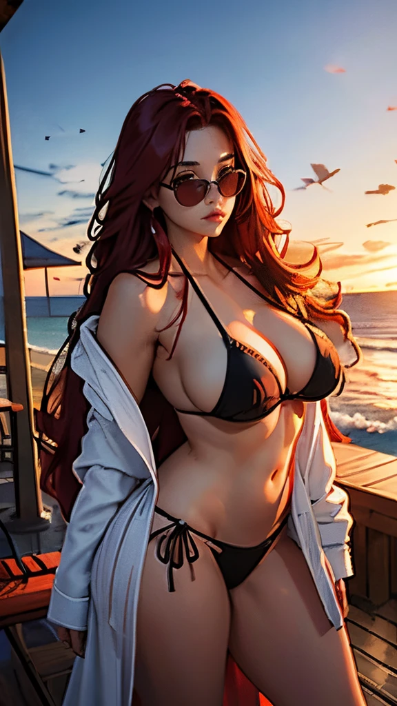 Gorgeous sexy woman at the beachhouse patio with long flowing red hair, a bikini under a bathrobe, curvy body with wide hips, snug expression, athletic fit body, beautiful perfect European face, sunset in summer, bonfire, 8k masterpiece RAW photo, raytracing and incredible detail, thick ass, beautiful symmetrical eyes, baseball cap and sunglasses