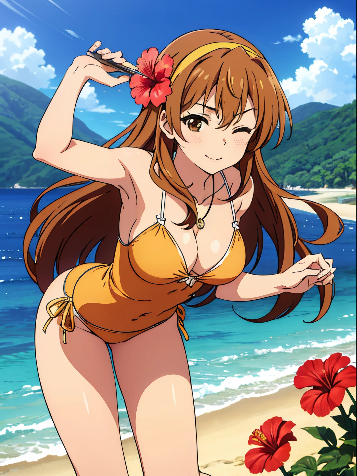 kouko, 1 girl, alone, long hair, breasts, looking at viewer, smile, large breasts, medium waist, wide hips, medium thighs, brown hair, hair decoration, dress, cleavage, brown eyes, jewelry, very long hair , swimsuit, flower, hair band, one eye closed, hair flower, water, necklace, wet, one-piece swimsuit, leaning_forward, hibiscus, beach, sea, seductive, smiling