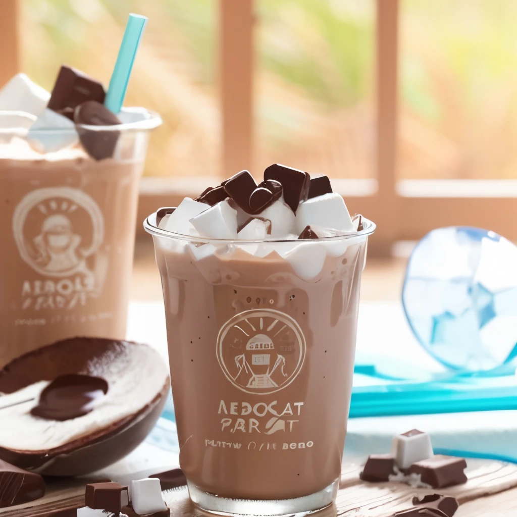 fresh chocolate milkshake drink with ice cube, summer theme, ultra high res.photorealistic:.1.4,UHD