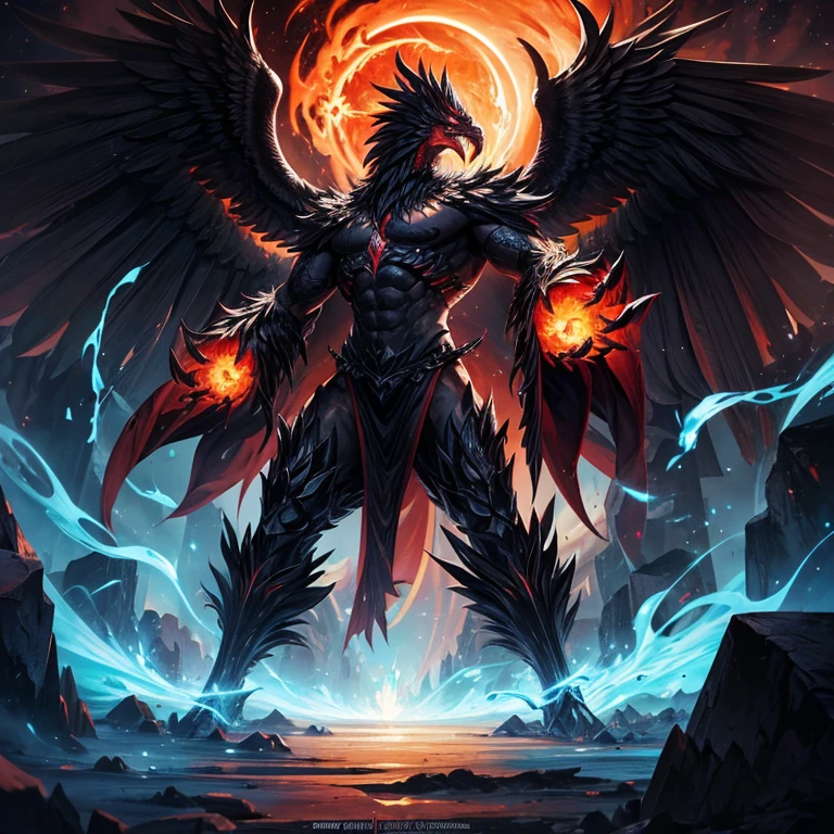 The mythological phoenix creature with black flames, imposing, serious and extremely powerful.
