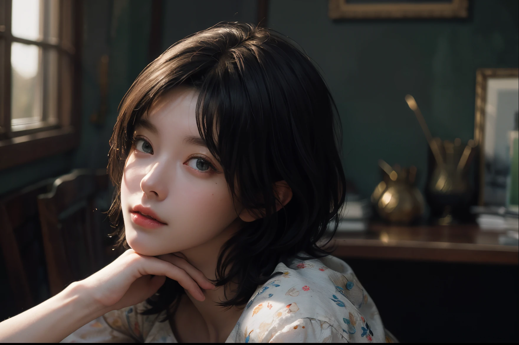 best qualtiy, tmasterpiece, 超高分辨率, (realisticlying:1.5), RAW photogr, A color photograph of a woman, natalia dyer, editorial portrait, Cinematic realism,Soft portrait shot 8 K, Cinematic portrait, beautiful realistic photo, Clara Oswald, Loish et WLOP, inspired by irakli nadar, bookshops,Cinematic lighting