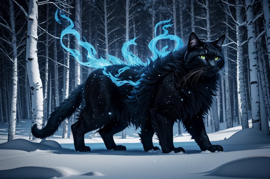 Midnight in heavy snow. Side view of one hulking 10-foot-tall shaggy black cat with supernatural blue flames on its fur, stalking through a birch forest.