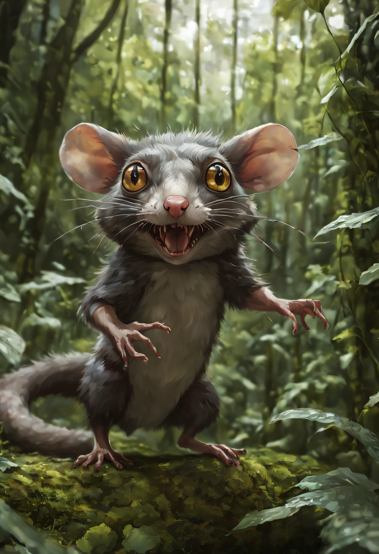 Positive: cinematic photo a photo of a (cute) (happy) possum didelphis albiventris (crazy eyes) Cheshire eyes . 35mm photograph, film, bokeh, professional, 4k, highly detailed, a giant frog steampunk with xenomorph mask in a dark sanctuary on a rainforest octane render drawn by annie leibovtiz and alphonse mucha, Background is a screenshot by krenz cushart, pixiv contest winner, action painting, 2d game art, official art, award-winning, art by Studio Ghibli, by Chris Moore, high details