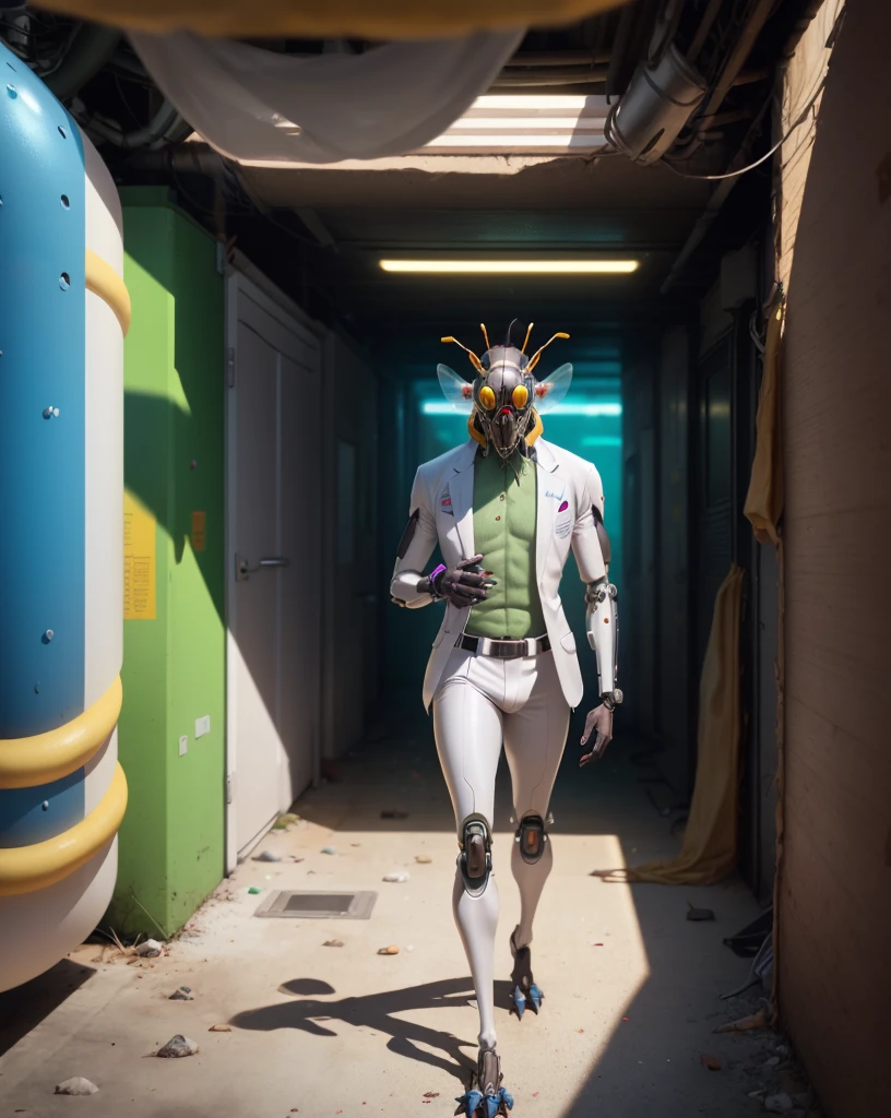 there is a man in a white suit holding a gun, a humanoid mosquito wolf, biopunk cyborg wasp, cyberpunk bee, cyberpunk cyborg wasp, portrait of a rat mad scientist, antasy character, 3 d character render, human structure bee concept art, photo of a crazy wasp, portrait of an insectoid, marmoset render
(Wasp Rick from Rick and Morty)