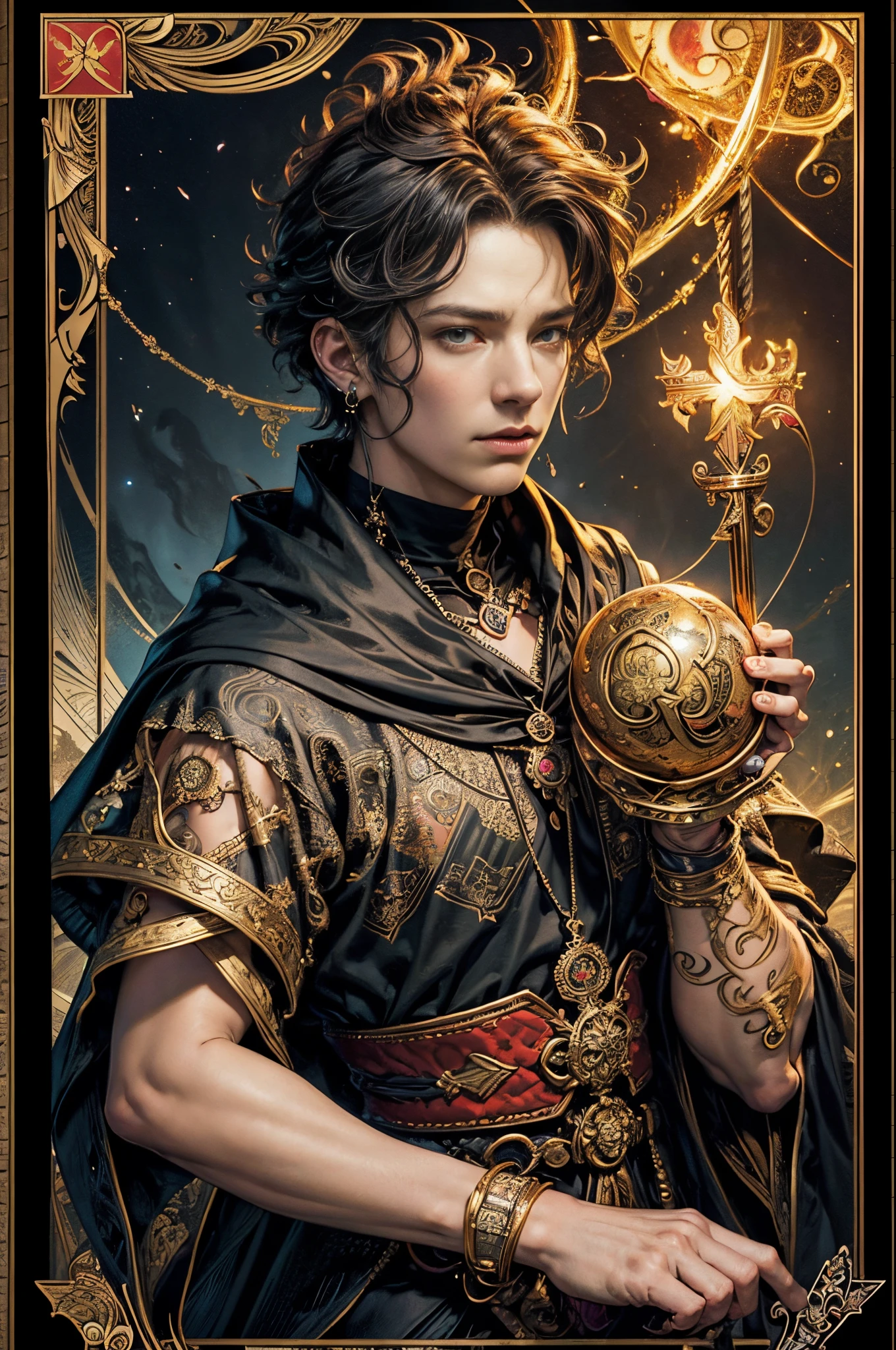 tarot cards,Full tarot border,(Image surrounded by tarot card style border:1.8), (1 Male 1.5),hades,The Grim Reaper armed with a giant scythe,(Benedict Cumberbatch(Benedict Cumberbatch)Play:1.6),dressed in:black toga,with curly red hair,Roman mythology,8k wallpaper,good quality eyes,delicated face,correct hand, ultra - detailed, Beautiful and beautiful, tmasterpiece, best quality, extremely detaile, dynamic angle, cow boy shot, The most beautiful form of chaos, Elegant, Fauvistdesign, vibrant with colors, romanticism lain, Terrifying,fearsome,Epic,hell, volcanoes,magma,skulls, bloods,seele,Hand holding scythe,vintagestyle,(Tangled,datura,Tangles,entangled), (s fractal art: 1.3),Divine light,gold foil,Gold leaf art,Flash drawing,Full tarot border,(full bezel 1.5),Fang Yi,(border centered:1.8)