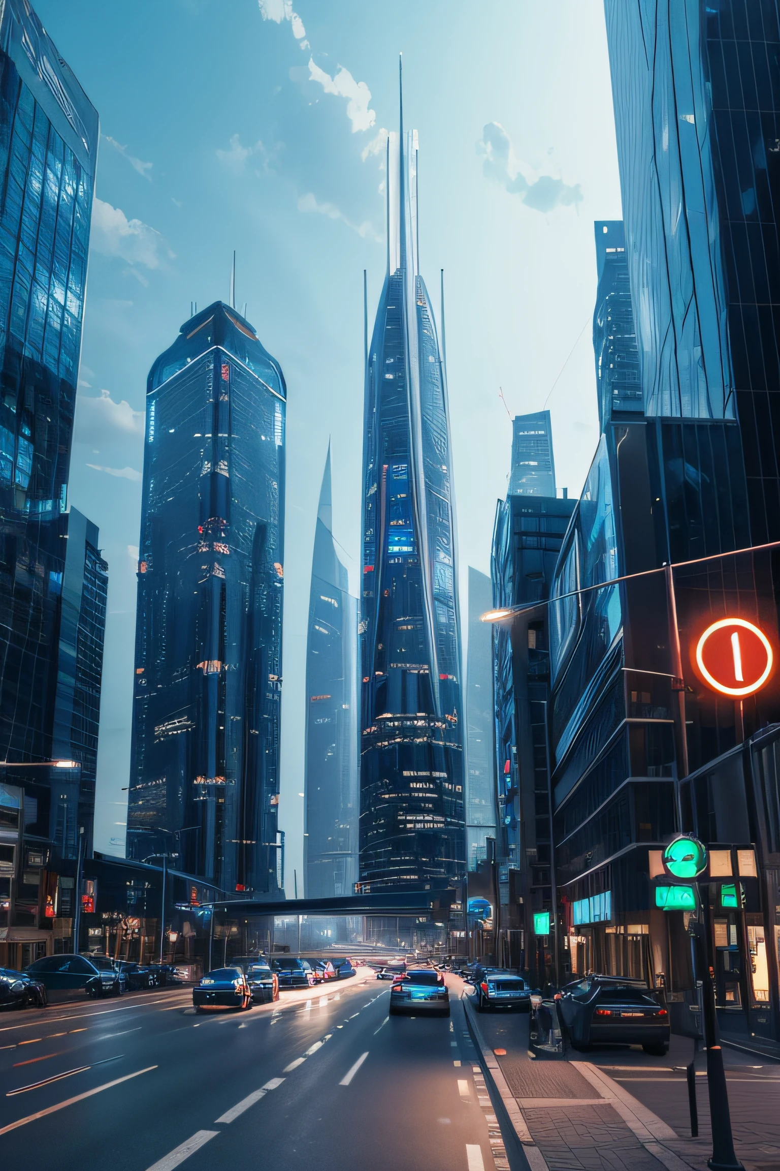 Futuristic City, Skylight, City Light, Bluish Color, High Building, Ultra HD, Good Design, Glass Building, Traffic light, cars