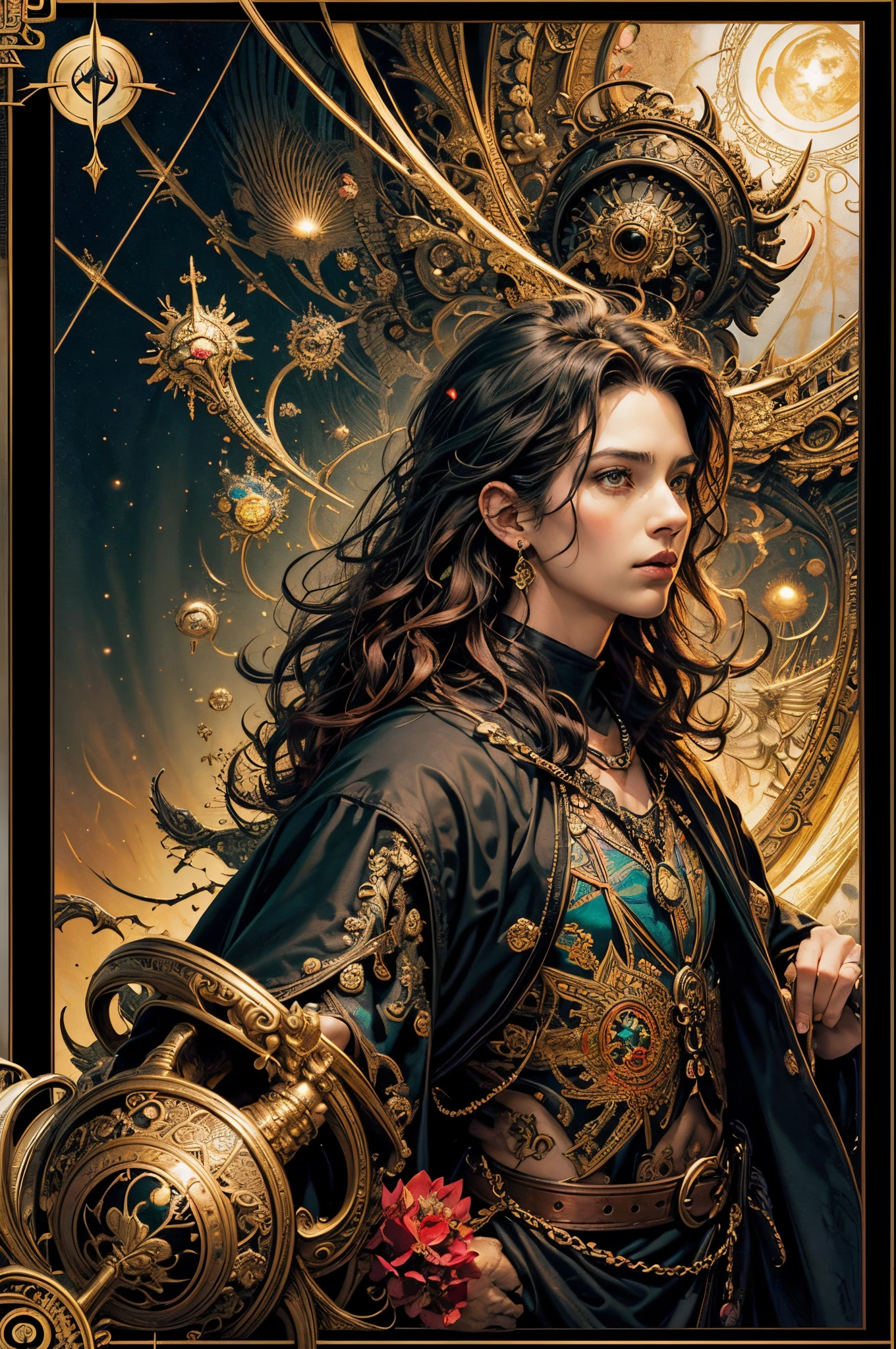 tarot cards,Full tarot border,(Image surrounded by tarot card style border:1.8), (1 Male 1.5),hades,The Grim Reaper armed with a giant scythe,(Benedict Cumberbatch(Benedict Cumberbatch)Play:1.6),dressed in:black toga,with curly red hair,Roman mythology,8k wallpaper,good quality eyes,delicated face,correct hand, ultra - detailed, Beautiful and beautiful, tmasterpiece, best quality, extremely detaile, dynamic angle, cow boy shot, The most beautiful form of chaos, Elegant, Fauvistdesign, vibrant with colors, romanticism lain, Terrifying,fearsome,Epic,hell, volcanoes,magma,skulls, bloods,seele,Hand holding scythe,vintagestyle,(Tangled,datura,Tangles,entangled), (s fractal art: 1.3),Divine light,gold foil,Gold leaf art,Flash drawing,Full tarot border,(full bezel 1.5),Fang Yi,(border centered:1.8)