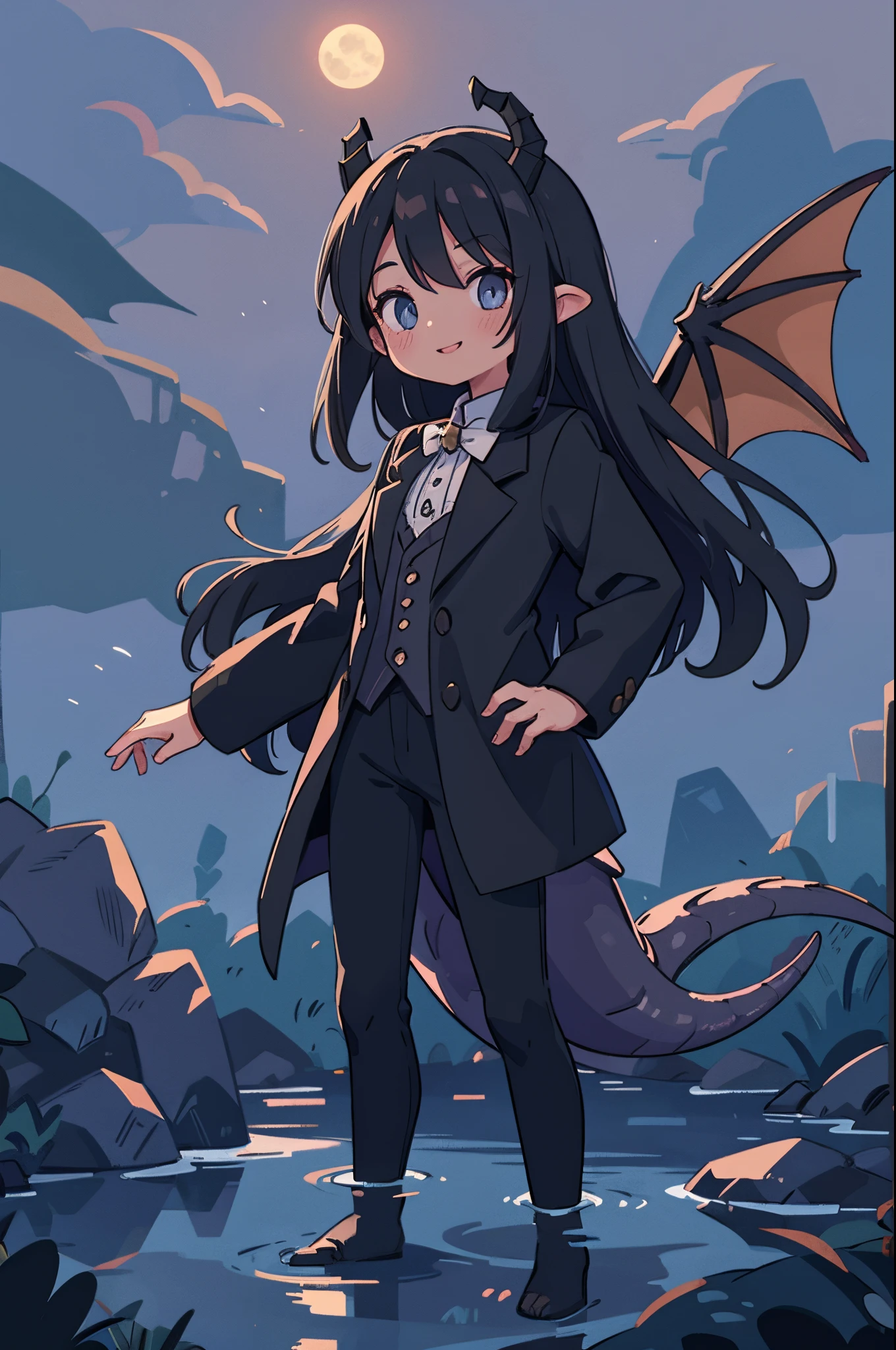 dragon wings, 1 dragon girl, iolite eyes, dragon horns, dragon tail, black hair, long hair, brown skin, smile, parted lips, cute, tailcoat, outstretched arm, hand on chest, facing down, silvery moonlight, misty lake, sharp focus, looking at viewer, cowboy shot, (intricate:1.1), (black theme:1.1), (black tone:1.1), illustration,