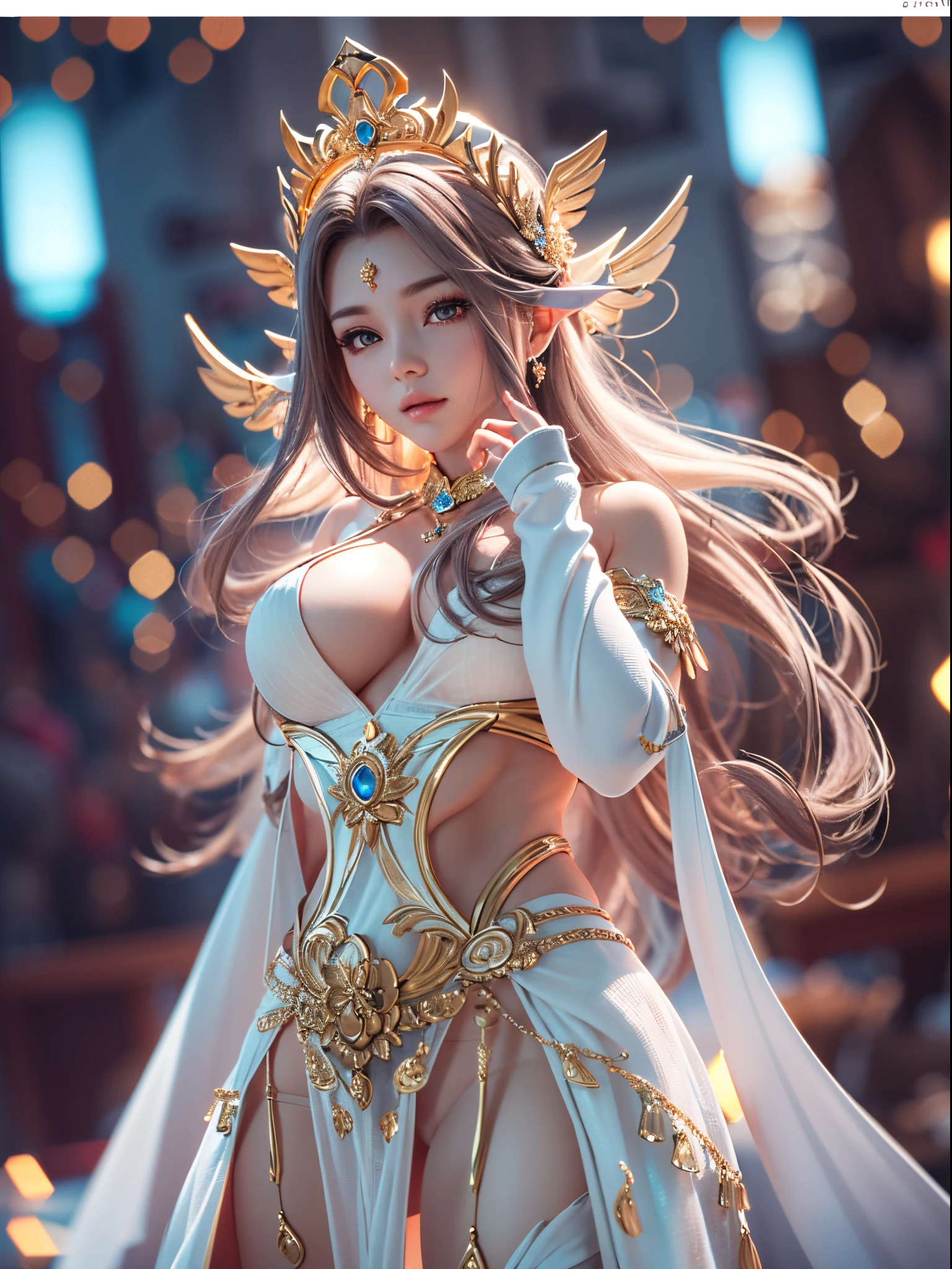 (((goddes)))8K high image quality、masutepiece、Ultra-realistic details、3d rendered、Sexy costume with wide open chest、Detailed body、Detailed chest、A detailed face、Detailed hand、serene expressions、Bright light shines、Blur the background、
