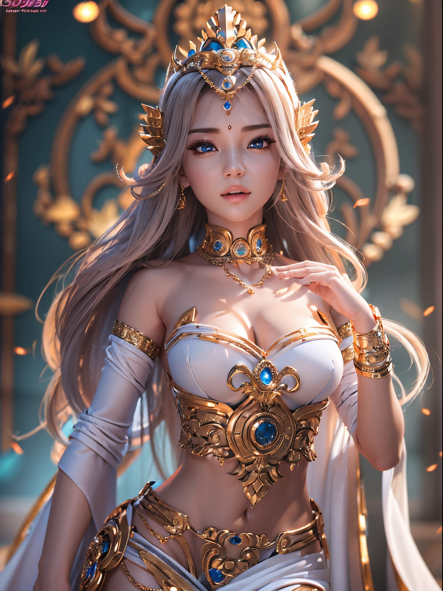 (((goddes)))8K high image quality、masutepiece、Ultra-realistic details、3d rendered、Sexy costume with wide open chest、Detailed body、Detailed chest、A detailed face、Detailed hand、smart and strong face、Bright light shines、Blur the background、
