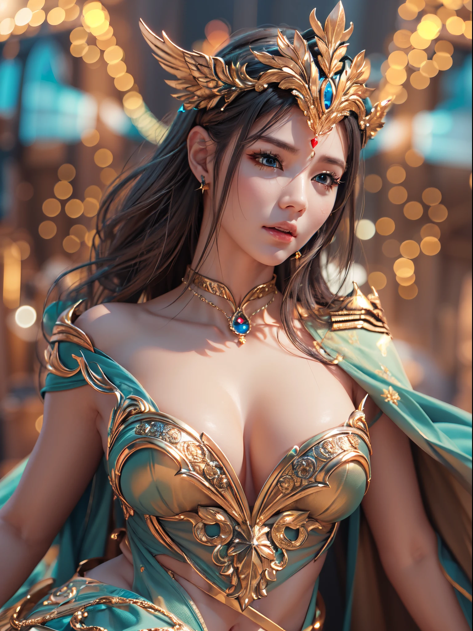 (((goddes)))8K high image quality、masutepiece、Ultra-realistic details、3d rendered、Sexy costume with wide open chest、Detailed body、Detailed chest、A detailed face、Detailed hand、smart and strong face、Bright light shines、Blur the background、