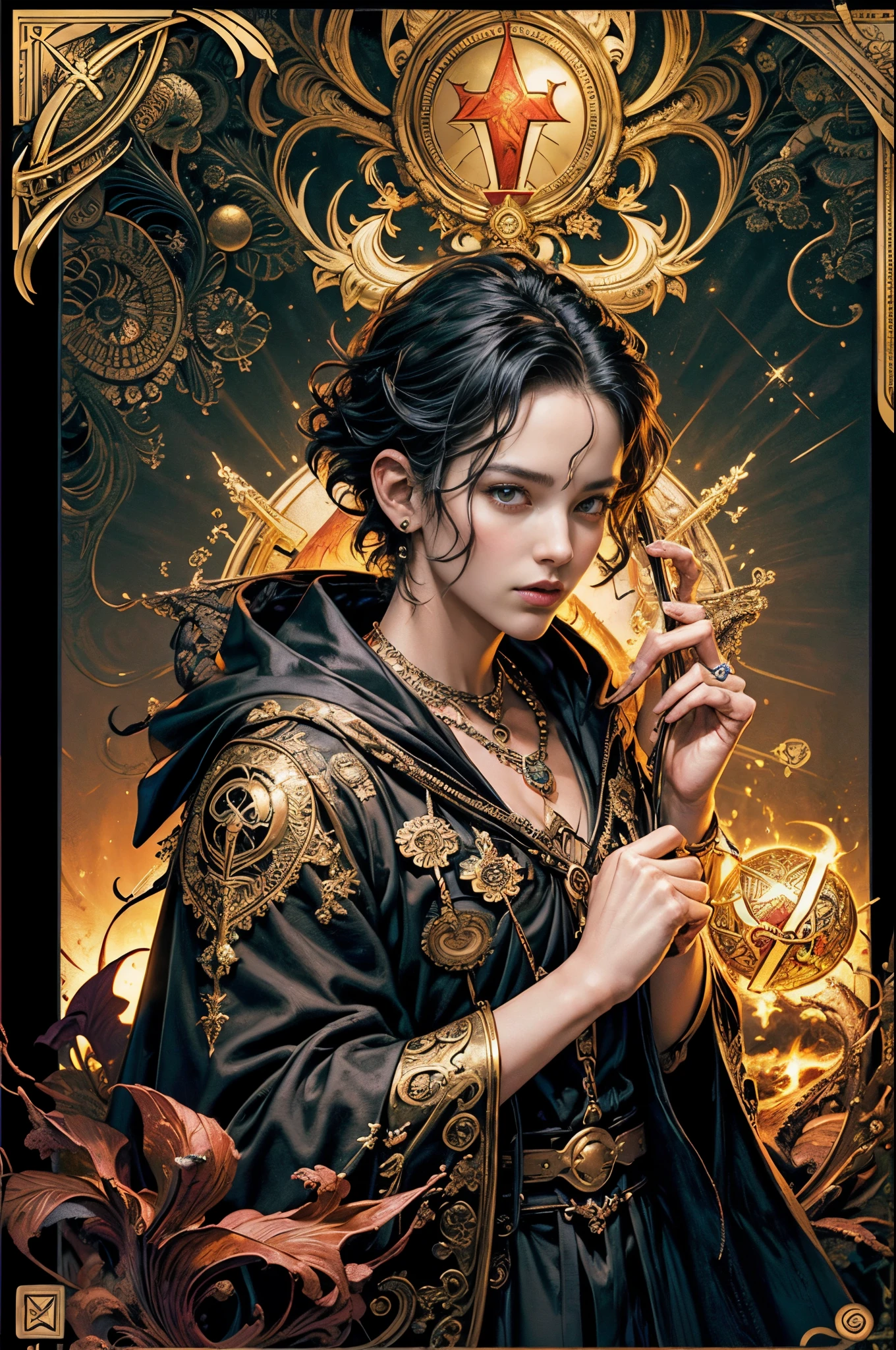 tarot cards,Full tarot border,(Image surrounded by tarot card style border:1.8), (1 Male 1.5),hades,The Grim Reaper armed with a giant scythe,(Benedict Cumberbatch(Benedict Cumberbatch)Play:1.6),dressed in:black toga,with curly red hair,Roman mythology,8k wallpaper,good quality eyes,delicated face,correct hand, ultra - detailed, Beautiful and beautiful, tmasterpiece, best quality, extremely detaile, dynamic angle, cow boy shot, The most beautiful form of chaos, Elegant, Fauvistdesign, vibrant with colors, romanticism lain, Terrifying,fearsome,Epic,hell, volcanoes,magma,skulls, bloods,seele,Hand holding scythe,vintagestyle,(Tangled,datura,Tangles,entangled), (s fractal art: 1.3),Divine light,gold foil,Gold leaf art,Flash drawing,Full tarot border,(full bezel 1.5),Fang Yi,(border centered:1.8)