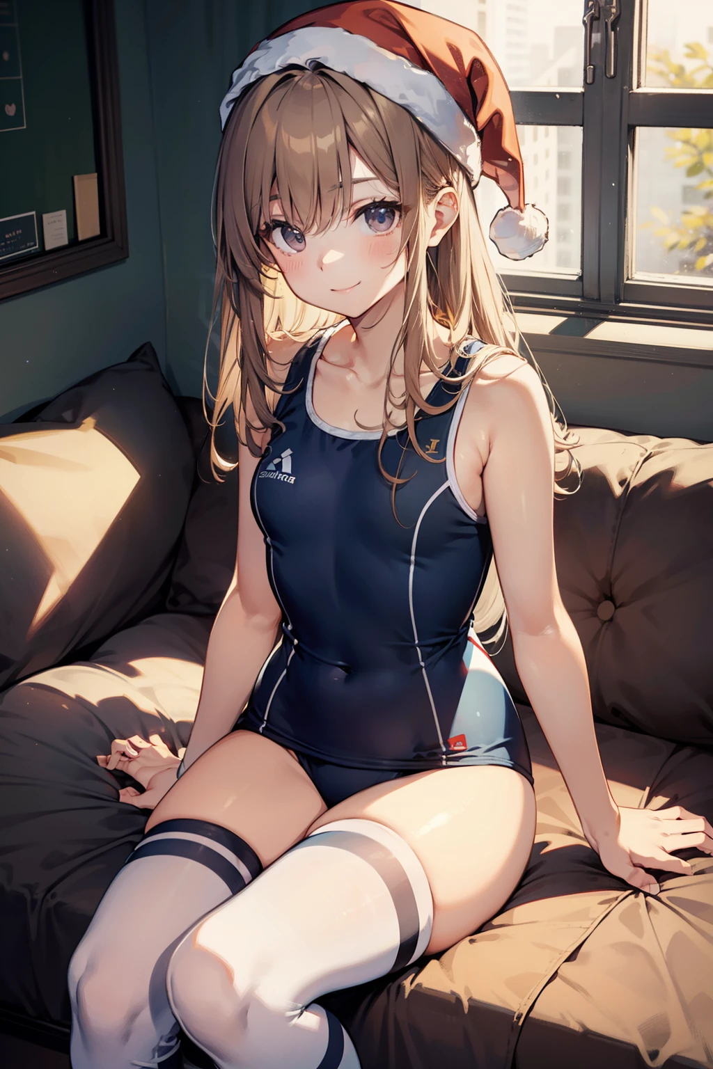 top-quality、Full limbs、complete fingers、Slender beauty、ssmile、Santa Cosplay、Wearing a school swimsuit、Wear knee-high socks、darkened room、Lean forward and look at me