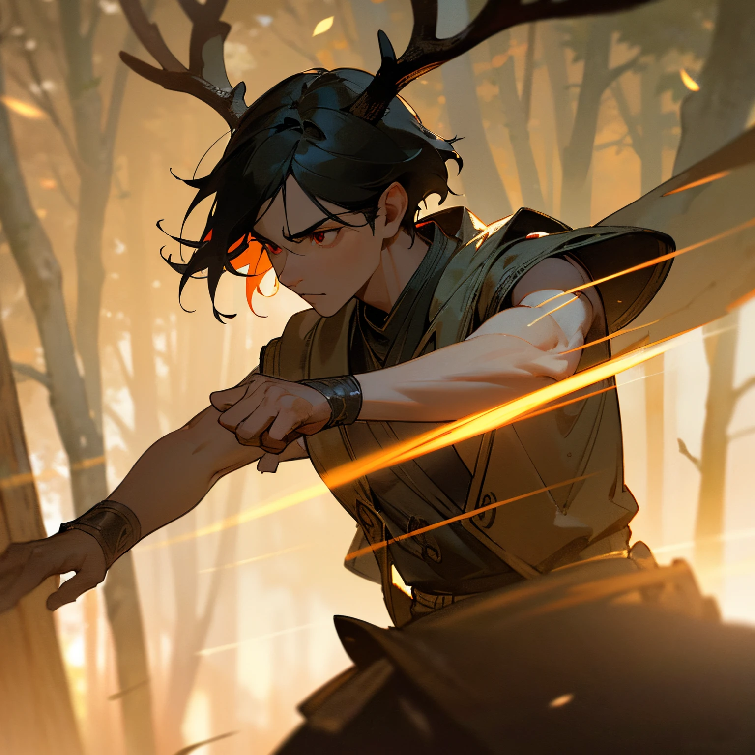 (deer antlers), (martial arts clothing), 1male, (detailed black hair), (intense red eyes), (best quality:1.2), (ultra-detailed), (realistic:1.37), (HDR), (sharp focus), (vivid colors), (bokeh), (portraits), (mysterious), (warriors), (dynamic poses), (background: ancient temple), (misty atmosphere), (sunlight shining through the trees), (dappled shadows), (dust particles in the air), (golden hour lighting), (earthen tones), (subtle warm color palette), (strong contrast between light and shadow)