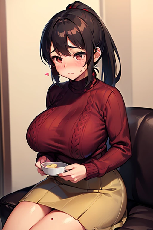 slight, tan, big boobs, tan skin, lifting, flustered, blush, , older girl, black hair, safe for work, no cleavage, cute, cozy, cute  clothes((wool sweater, long skirt, red, maroon)), red sweater , rainy ouside, sitting, ponytail, brown eyes, tan