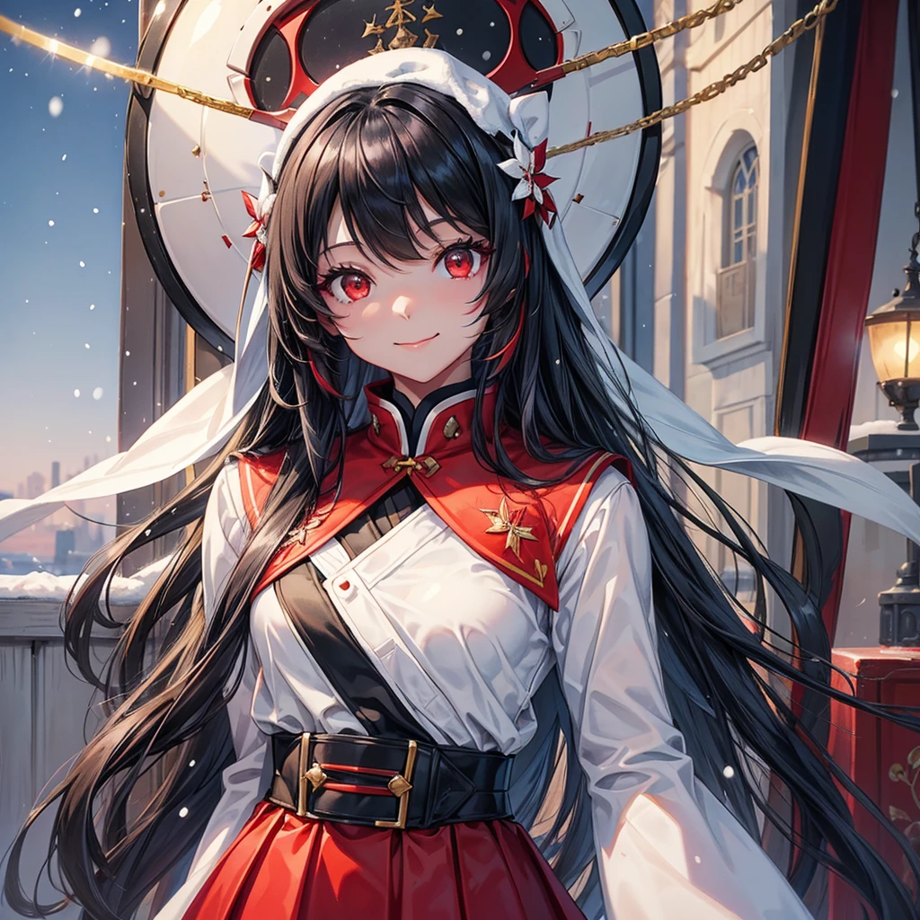 season winter, i'ts snowing:1.3, 1 (detailed femdom black long hair girl, red eyes:1.3, glossy mouth, in a red school uniform, smile), masterpiece, beautiful detailed grow.
