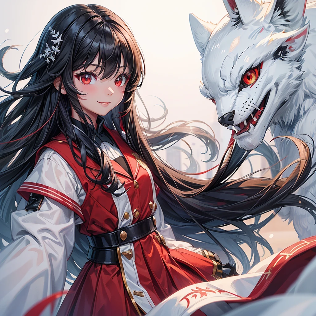season winter, i'ts snowing:1.3, 1 (detailed femdom black long hair girl, red eyes:1.3, glossy mouth, in a red school uniform, smile), masterpiece, beautiful detailed grow.