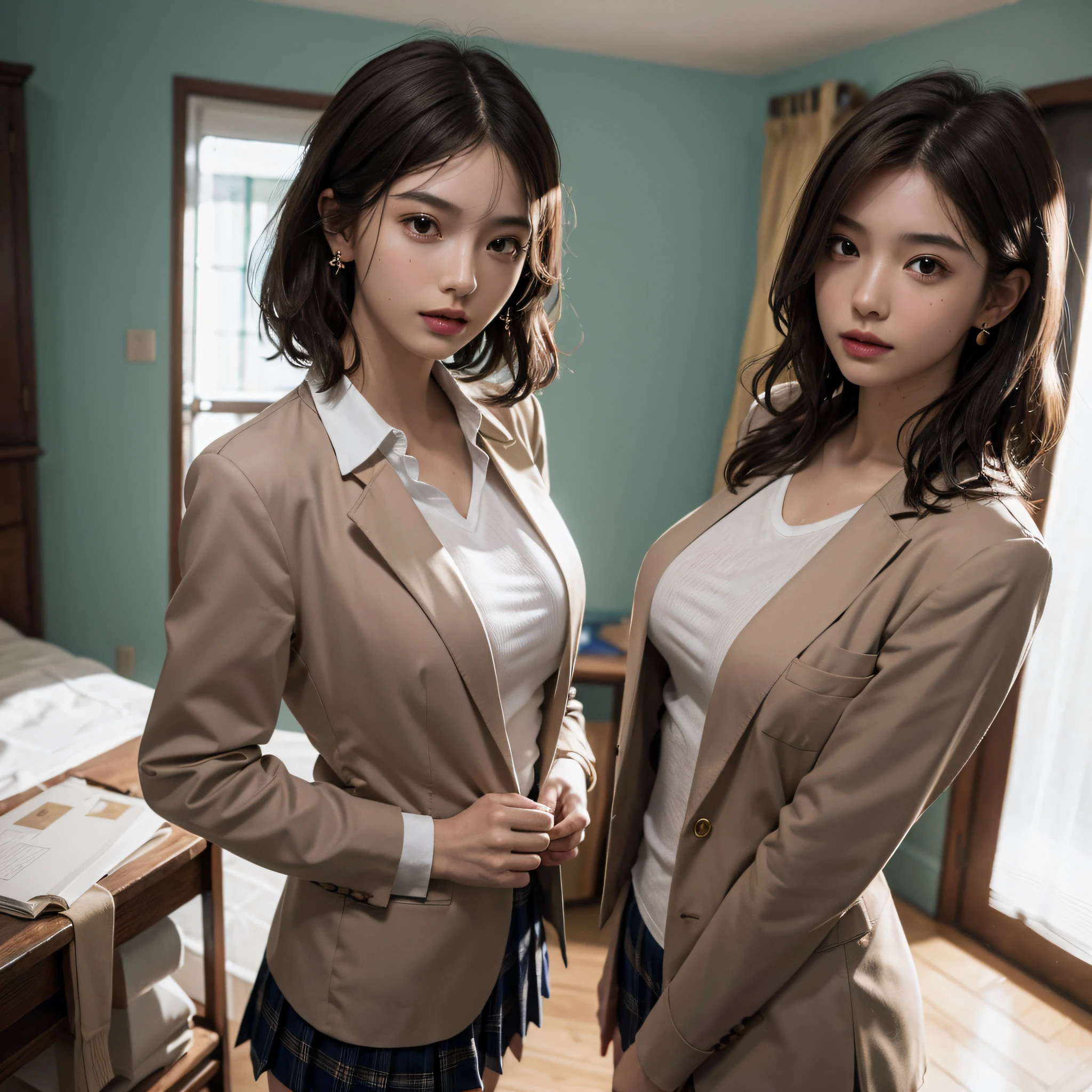 absurderes, Raw photo, Extremely delicate and beautiful, masutepiece, Best Quality, Ultra High Resolution, 16 K, hyper realisitic, Ultra-detailed, Perfect Anatomy, super detailed skin, Perfect figure, Very detailed CG 8k wallpaper, in her 20s, Very slim body, Narrow waist, Very small head, Very small face, Delicate facial features, tear moles, Earring, thin legs, (very massive round chest), ((3 girls)), Full body shot, Short hair, (Wavy Hair), (light brown hair), (Wet clothes), ((School uniform)), (Blazer),