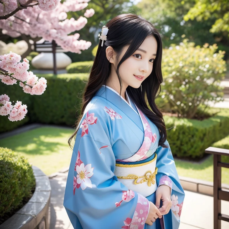 8K,top-quality,ultra-detailliert,​masterpiece,realisitic,{{{Photo Real}}},Live Action,extremely detailed cute girl,1８age,One,sophisticated gravure idol,Young Gravure Idol,Young Pretty Gravure Idol,Realistic Young Gravure Idol, Young skinny gravure idol,ruddy lips,looking at the viewers,{{fully body photo:1.７}},Cute girl in kimono, traditional geisha clothing, A kimono with long hanging sleeves worn by unmarried women,wearing royal kimono, royal attire akira, from sengoku period, Traditional Japan kimono, inspired by Uemura Shōen, palatial palace ， inspired by Sesshū Tōyō, heian, sky blue kimono,Kimono with cherry blossom pattern,Clean long black hair:1.7,beauitful face:1.3,perfectly proportions:1.2,Mega-breasted:1.３,Textured skin,Very cute smile:1.3,Slender face:1.7,sexy facial expression,from the front side:0.7,bare hand,Left and right symmetrical eyes,The face is illuminated,{{Full body photo:1.7}},low angles:1.７,Japanese garden、Soft spring sunshine、