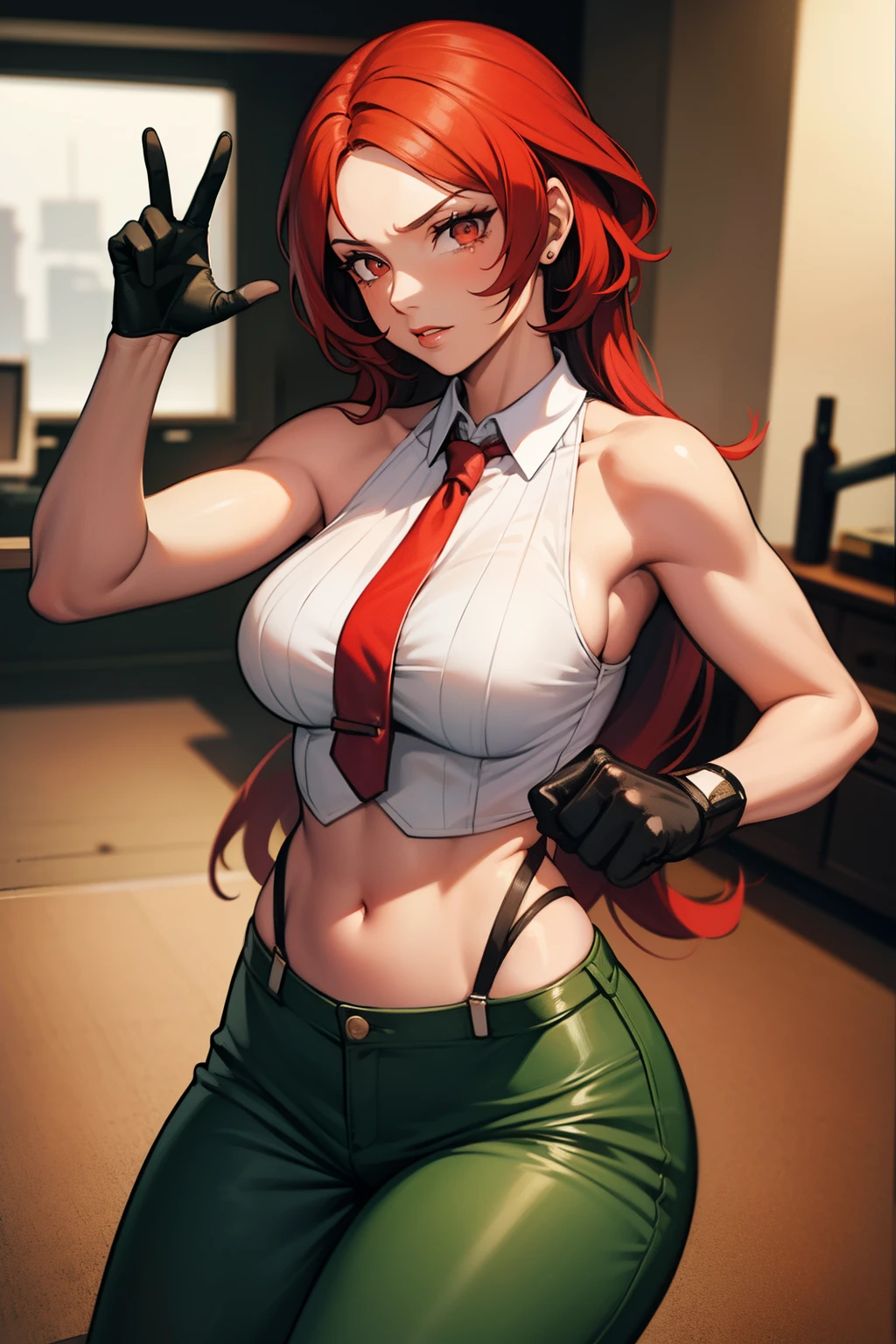 a painting of 30 tears old woman, VanessaMS on a office background, upper body, 1girl, red long hair, straight hair, large breasts, bare shoulders, midriff, looking at viewer, necktie, straps, (black green pants), fight pose, wow, is beautiful, beautiful hands