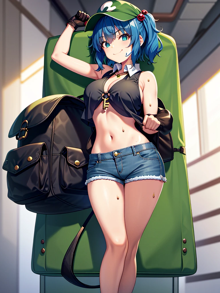 (masterpiece), solo, 1girl, petite, kawashiro nitori, smile, huge breasts, cleavage, underboob, navel, midriff, wet, sweating, wrench, holding wrench, tired eyes, hair bobbles, hair ornament, green headwear, hat, black camisole, (black crop camisole),(denim shorts), tight shorts, short shorts, (low shorts), , leather gloves, leather boots,  key, backpack, indoors, workshops, factory, inside of factory, licking lips