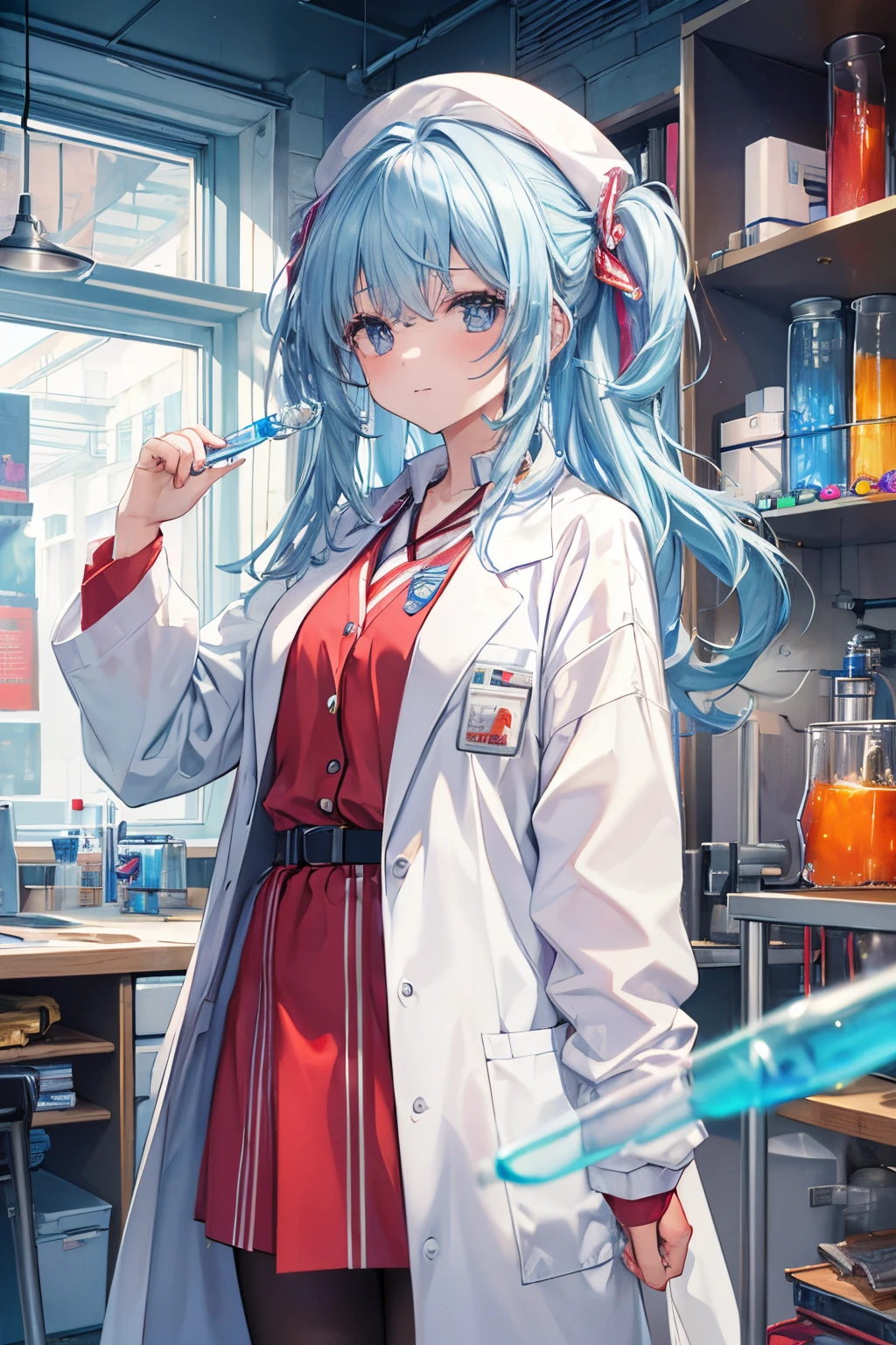 ((best quality,  masterpiece,  absurbres,  super-resolution)),  scientist,  science lab,  experiment,  chemistry,  colorful test tube,  messy accident,  lab coat,