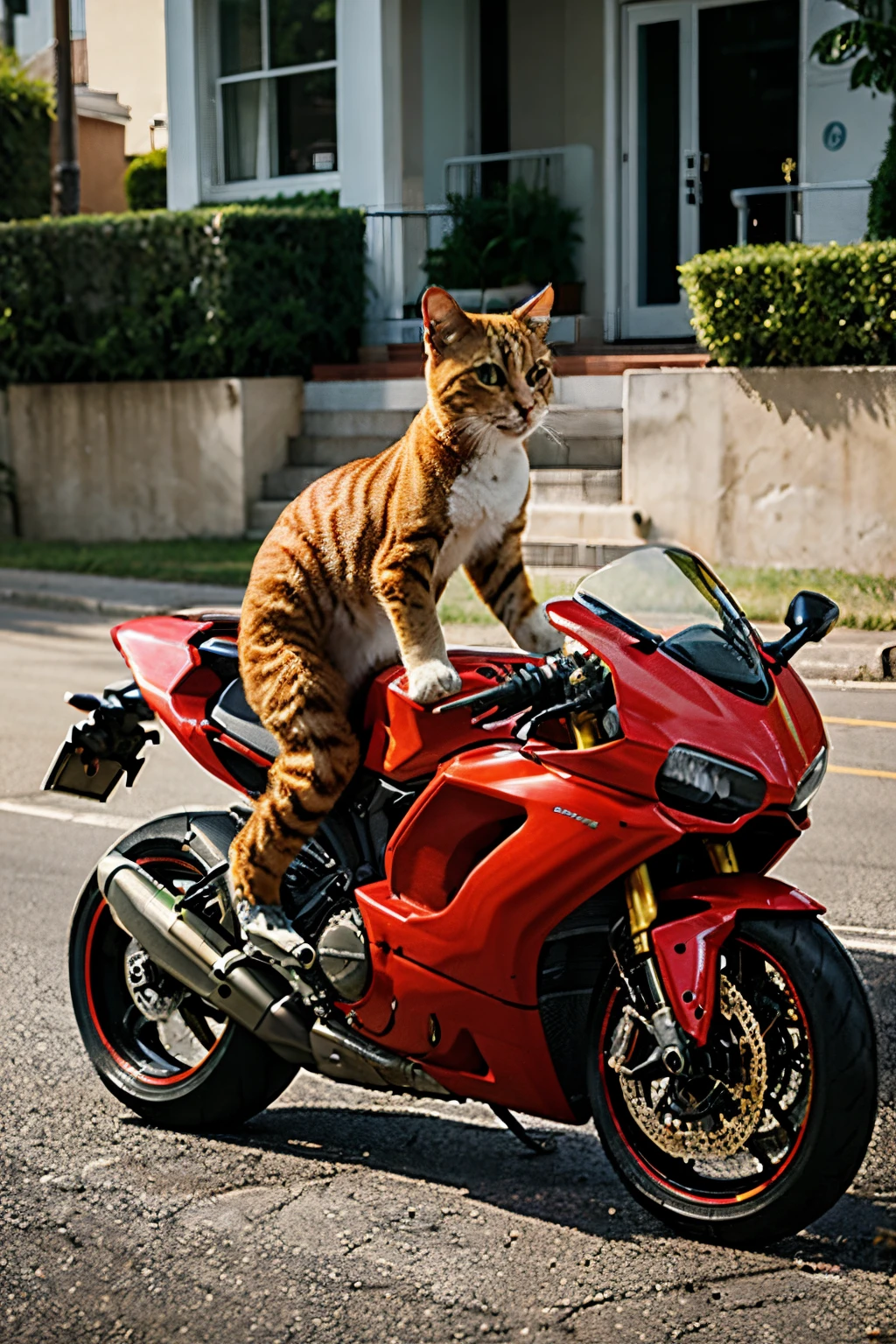 A yellow cat,Riding a red Ducati,Photorealistic feeling,Real-life cat,The picture has strong contrast,