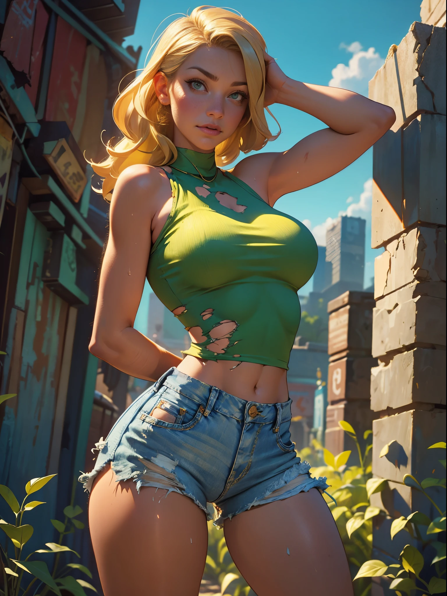 2076 year. The Urban Ruins of the Wasteland, Female huntress picking fruit in the garden, beautiful face, blonde, badly torn shirt and denim shorts , long legs, sweating through, sun rising, Nice warm colors, head to toe, full body shot, pretty hands, perfect fingers,