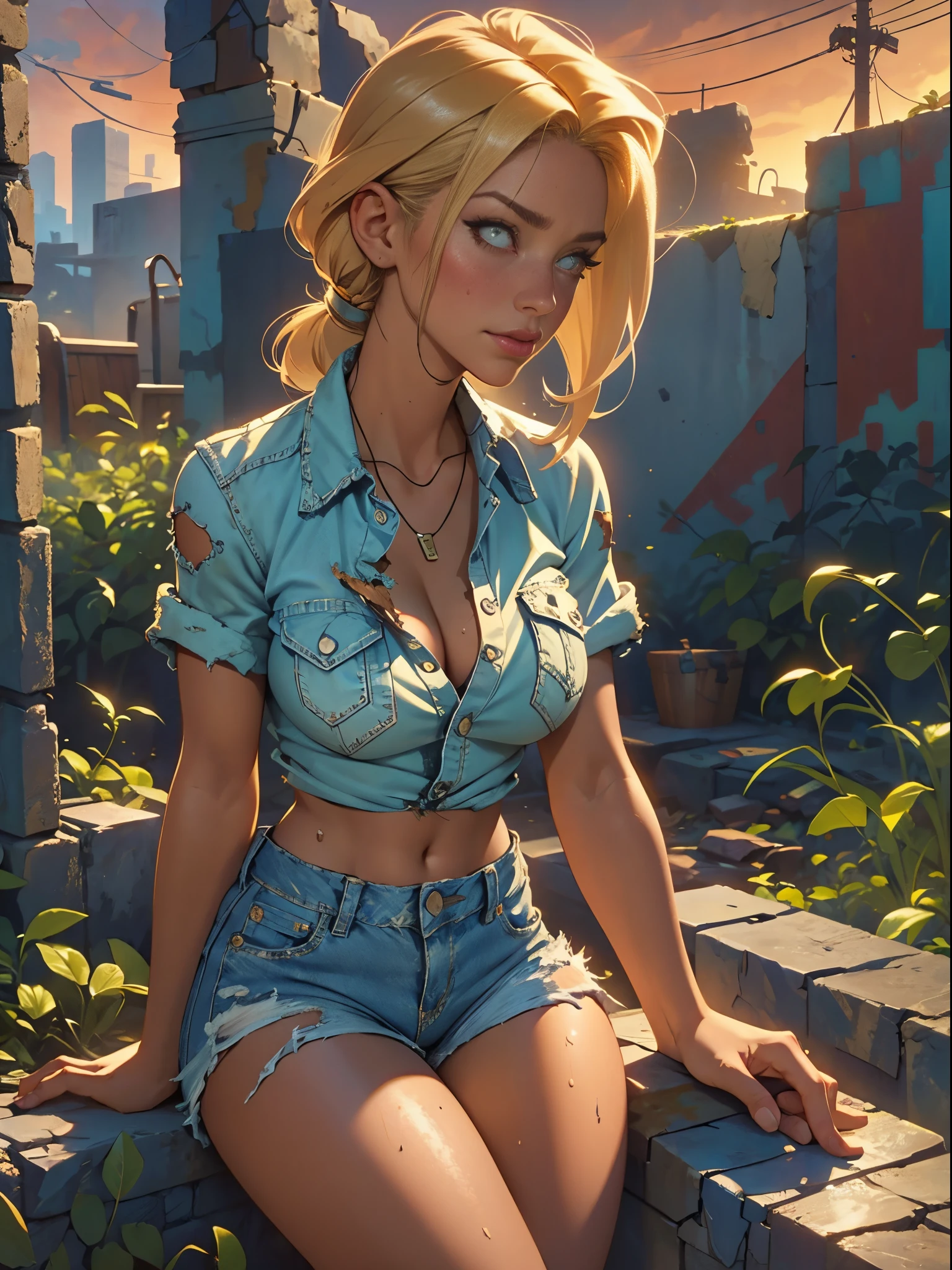 2076 year. The Urban Ruins of the Wasteland, Female huntress picking fruit in the garden, beautiful face, blonde, badly torn shirt and denim shorts ,  long legs, sweating through, sun rising, Nice warm colors, head to toe, full body shot, pretty hands, perfect fingers,