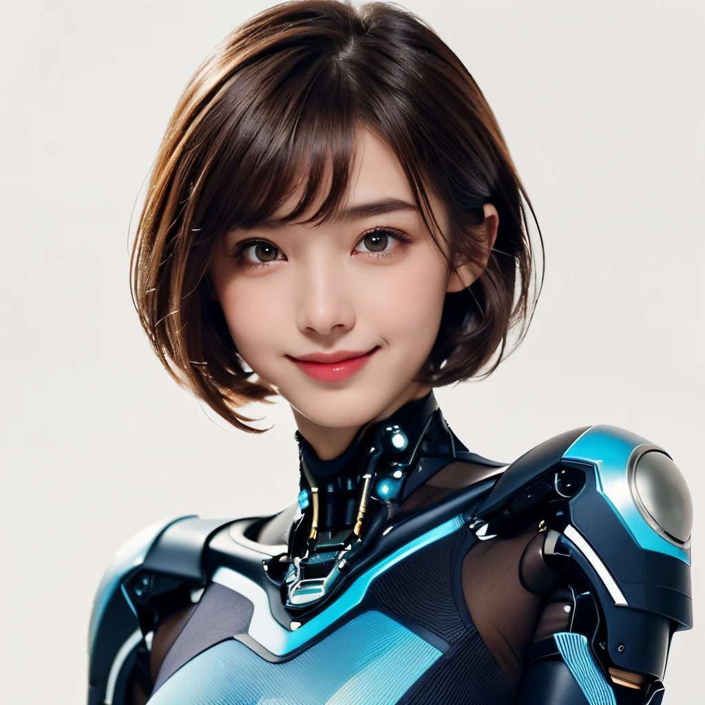 (((masterpiece))), 8k cg, best quality, intricate details, chromatic aberration, ((bust shot)), close up, ((looking at the viewer)), 1girl, Japanese girl, ((Character((tom boy)), playful smile, closed mouth, soft lips, brown eyes)), young girl, 17 years old, soft face, cute features, cute facial features, blush, long lashes, ((short hair, ((brown hair)), straight bangs)), ((cybernetic suit, tights, white and blue)), defined body, petite, slender, curvy, (((background(((dark background)), fog)))