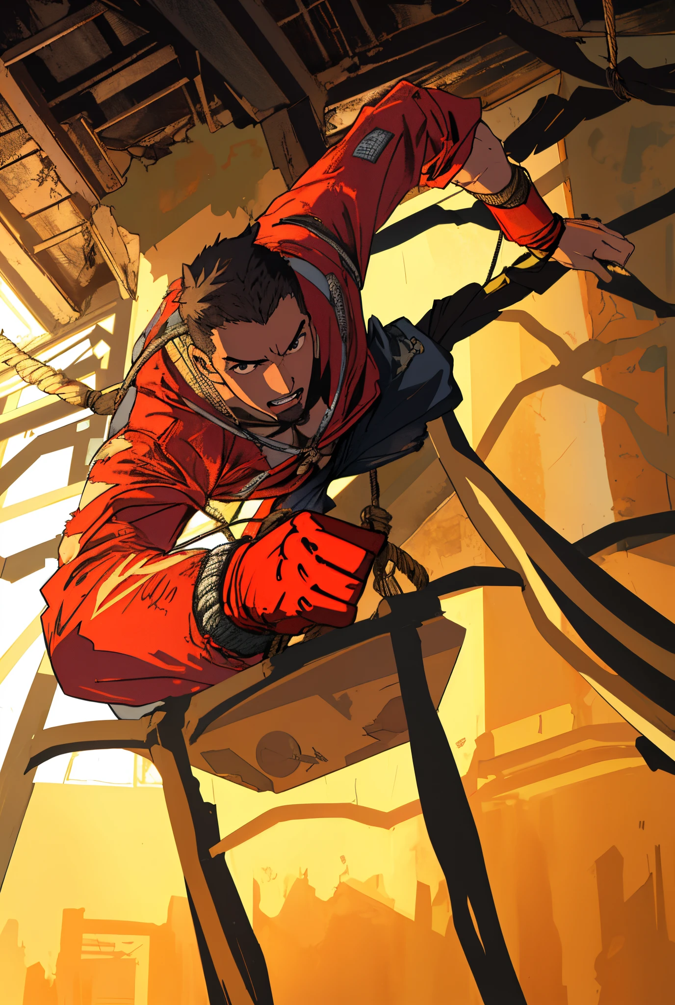 inside a room,Large viewing angle,frightened man,mtu,Panic Disorder,The environment is in a dilapidated state,dangling,pull the rope,torn outfit,nets,ropes,ligne