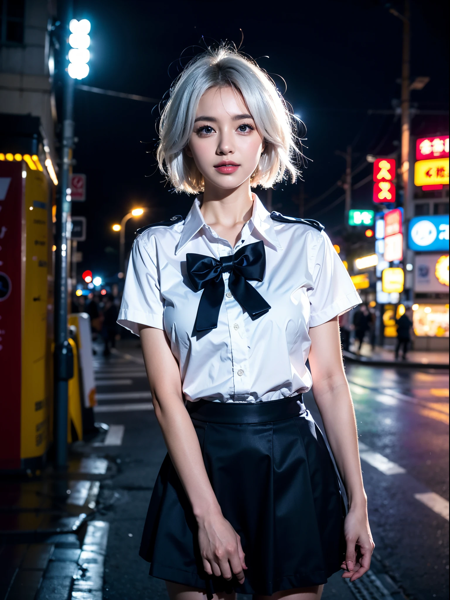 (8k, RAW photo, best quality, mastery:1.3),(realistic,photo-realistic:1.37),(night),(looking viewer:1.331),(white hair),posing,Tokyo street,nightcityscape,cyberpunk city,soft light, 1girl, extremely beautiful face, perfect body proportions, focal length, bust, casual hairstyle, smile, big eyes, (short sleeves JK_shirt), JK_style, (navy JK_skirt), (bow JK_tie), mix4, detailed eyes