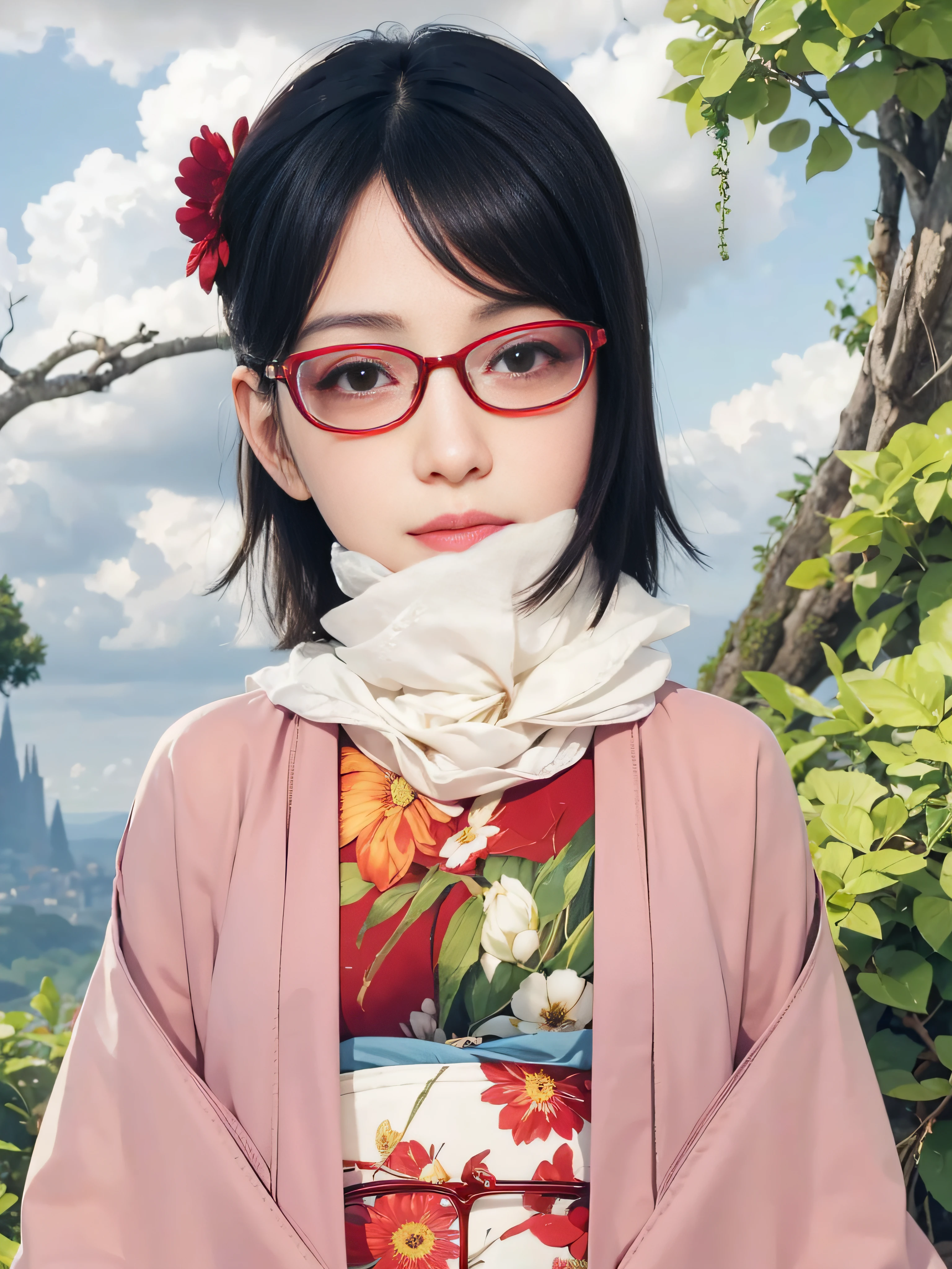 masterpiece, best quality, (realistic, photo-realistic:1.4), (RAW photo:1.2), extremely detailed CG unity 8k wallpaper, delicate and beautiful, amazing, finely detail, official art, absurdres, incredibly absurdres, huge filesize, ultra-detailed, extremely detailed, extremely detailed girl, extremely detailed eyes and face, light on face,little smiles,short hair,yukata,(wearing red framed glasses:1.4),flower on hair