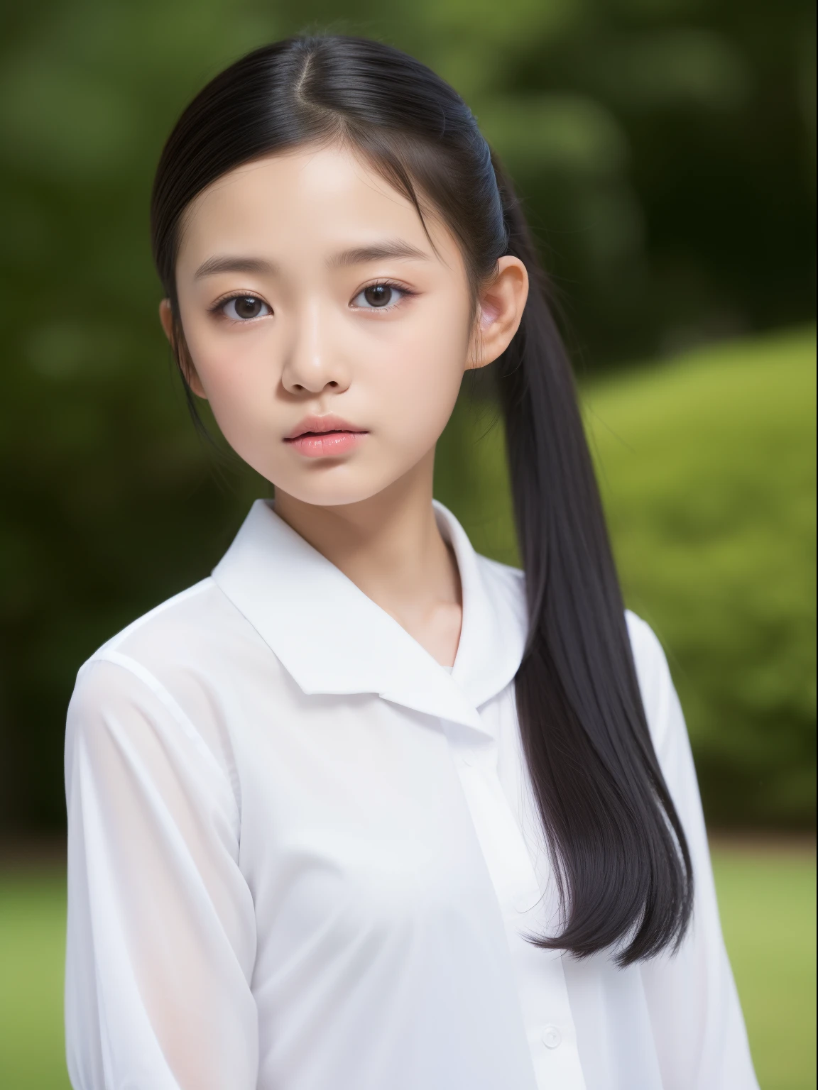 (top-quality、masterpiece)、Neat and clean schoolgirl、petite person、 girl、Ponytail with black hair、Blouse with white collar、Red checked miniskirt、white panties、beauitful face、(slim, Small, Flat, Small)、Detailed eyes、Black eyes、Double eyelids、outside of house、the wind、shinny skin、blurry backround、