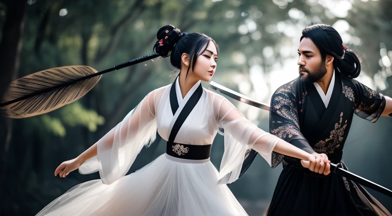 Man and woman in tulle hanfu, woman holding sword against man, black hair, short ponytail, onyx colored eyeballs, texture detail, glowing skin, sun, spinning feather sword, motion blur background, backlight, 8k, super detail, masterpiece, best quality