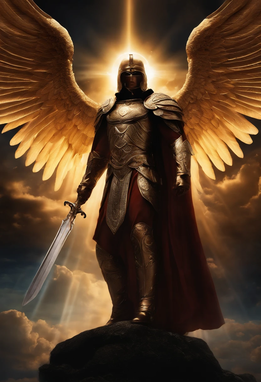 A mysterious man with a halo above his head, resembling an angel, standing under the sky with huge wings, wearing a mask and holding a giant sword. The artwork is in high definition, a masterpiece, and exhibits ultra-detailed and photorealistic qualities. The color tone is vibrant, highlighting the celestial atmosphere. The lighting emphasizes the heavenly aura surrounding the man.