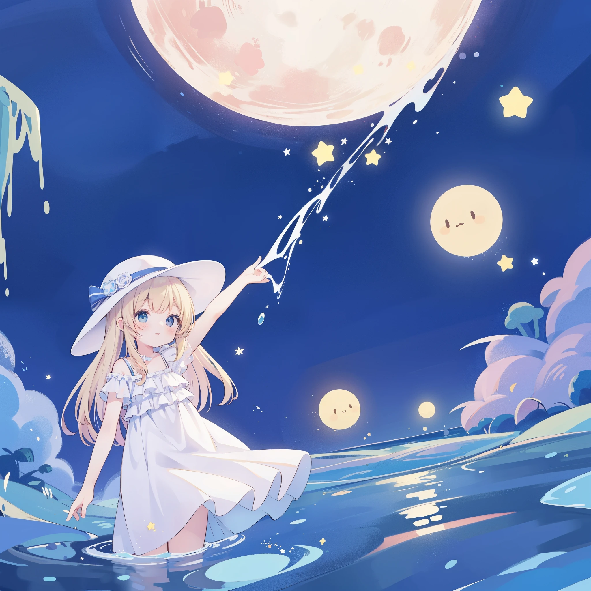 Top Quality, Masterpiece, Ultra High Resolution, Flat Design, simple background, giant glowing cute stars, colorful, cute girl standing in water, starry sky in background, huge full moon, water ripples, beautiful simple flowing white dress