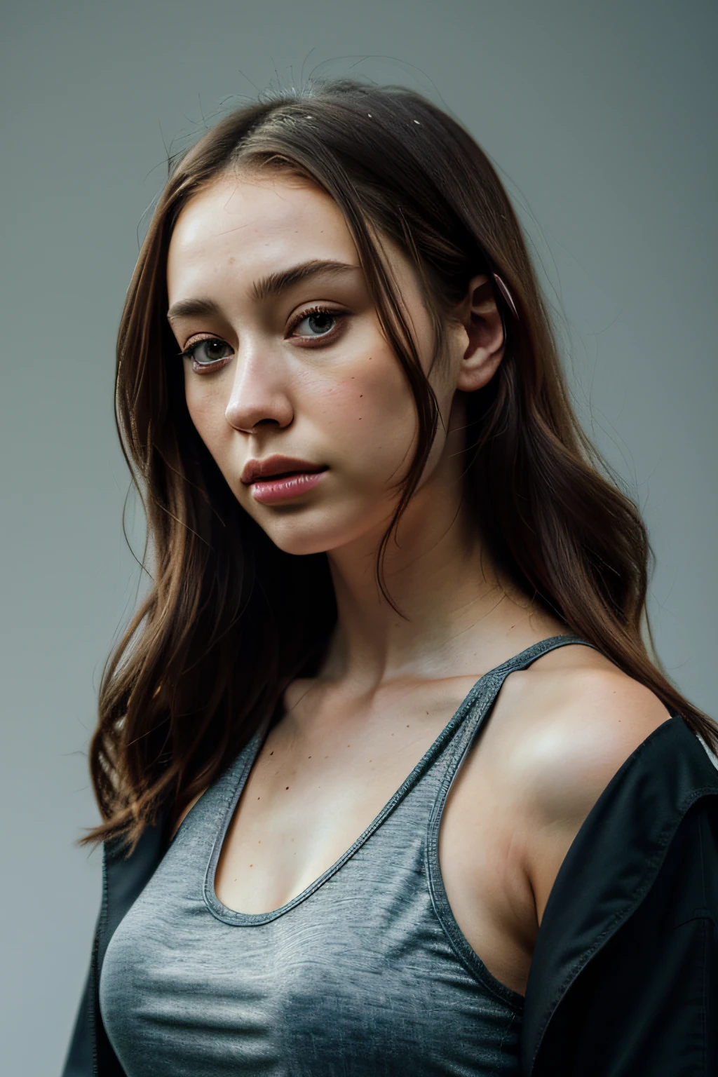 there is a woman in a black top and a black jacket, portrait sophie mudd, , thick neck, 24 year old female model, angelawhite, violet myers, 22 years old, she is wearing a black tank top, 21 years old, profile image, italian, Alycia Debnam-Carey, looking straight ahead,hazel eyes, realistic, post-processing, maximum detail, portrait shot, facing directly at the camera