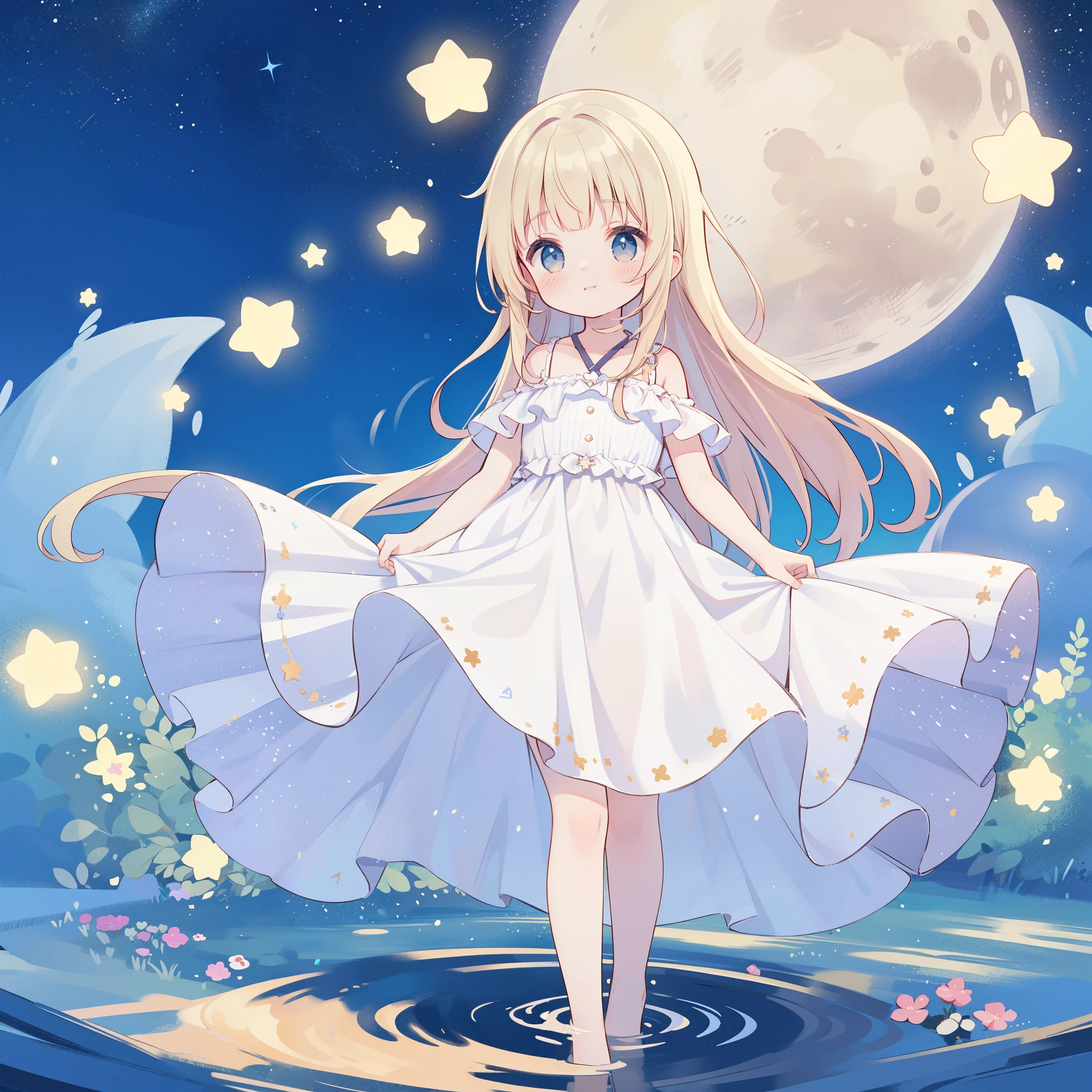 Top Quality, Masterpiece, Ultra High Resolution, Flat Design, simple background, giant glowing cute stars, colorful, cute girl standing in water, starry sky in background, huge full moon, water ripples, beautiful simple flowing white dress