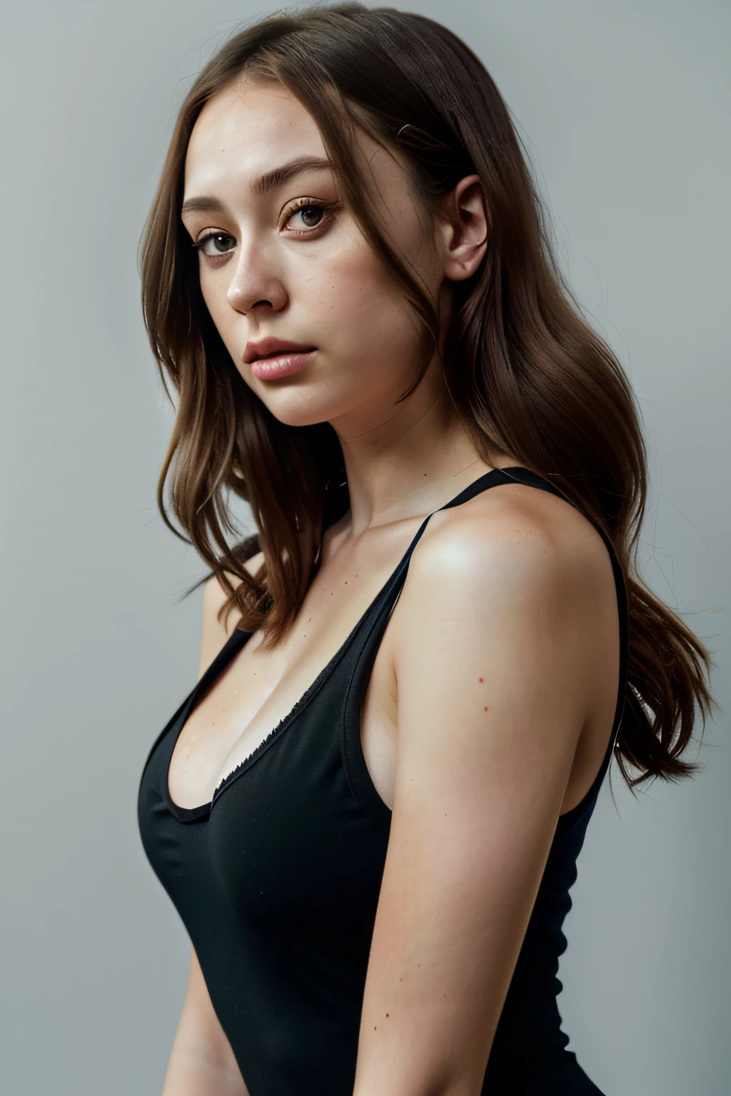 there is a woman in a black top and a black jacket, portrait sophie mudd, , thick neck, 24 year old female model, angelawhite, violet myers, 22 years old, she is wearing a black tank top, 21 years old, profile image, italian, Alycia Debnam-Carey, looking straight ahead,hazel eyes, realistic, post-processing, maximum detail, portrait shot